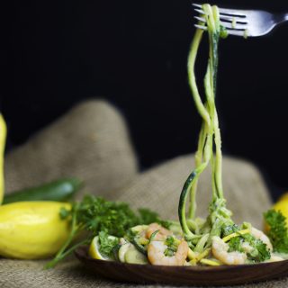 Shrimp with zucchini noodles.