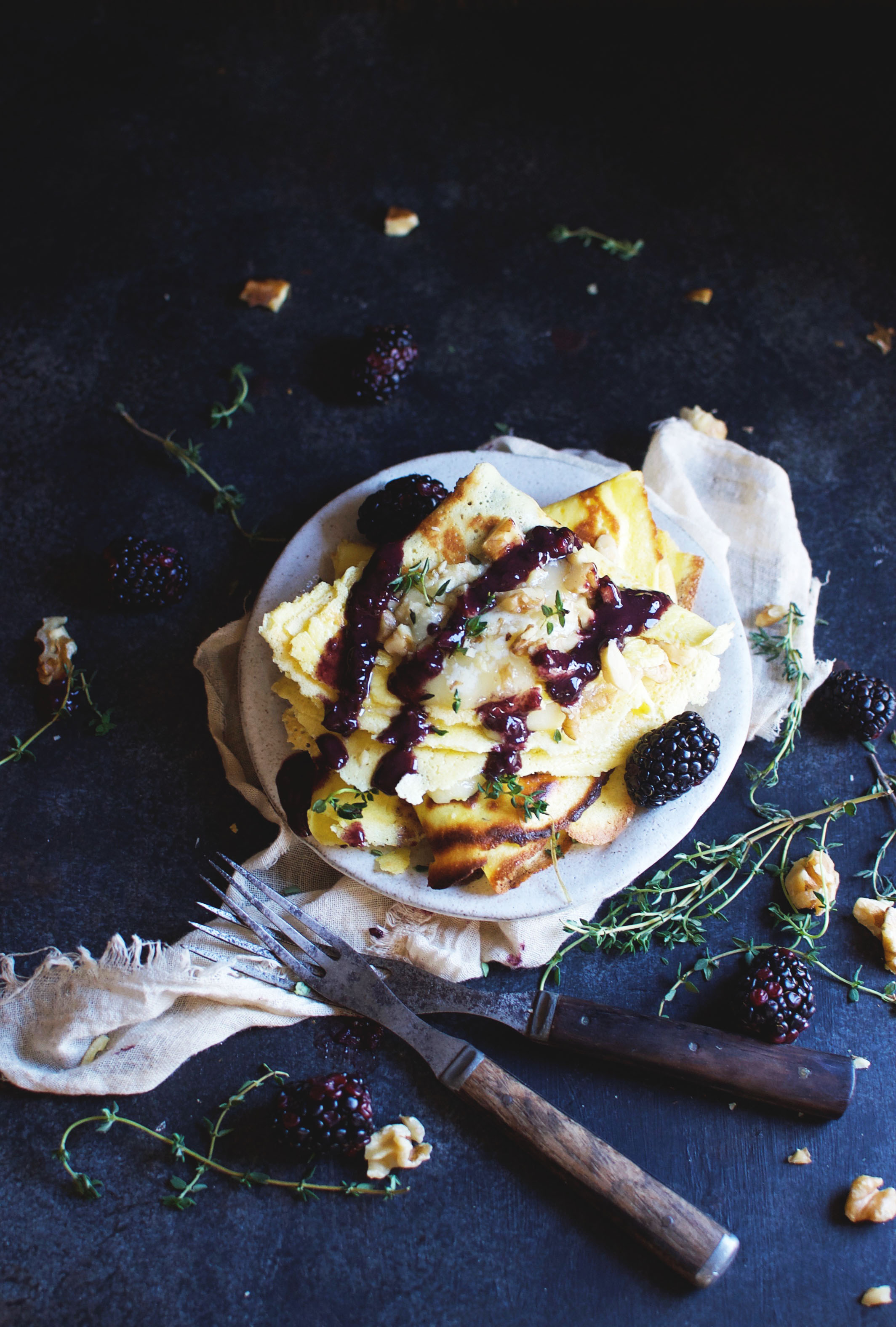 Low-Carb Crepes with Brie and Savory Blackberry Sauce