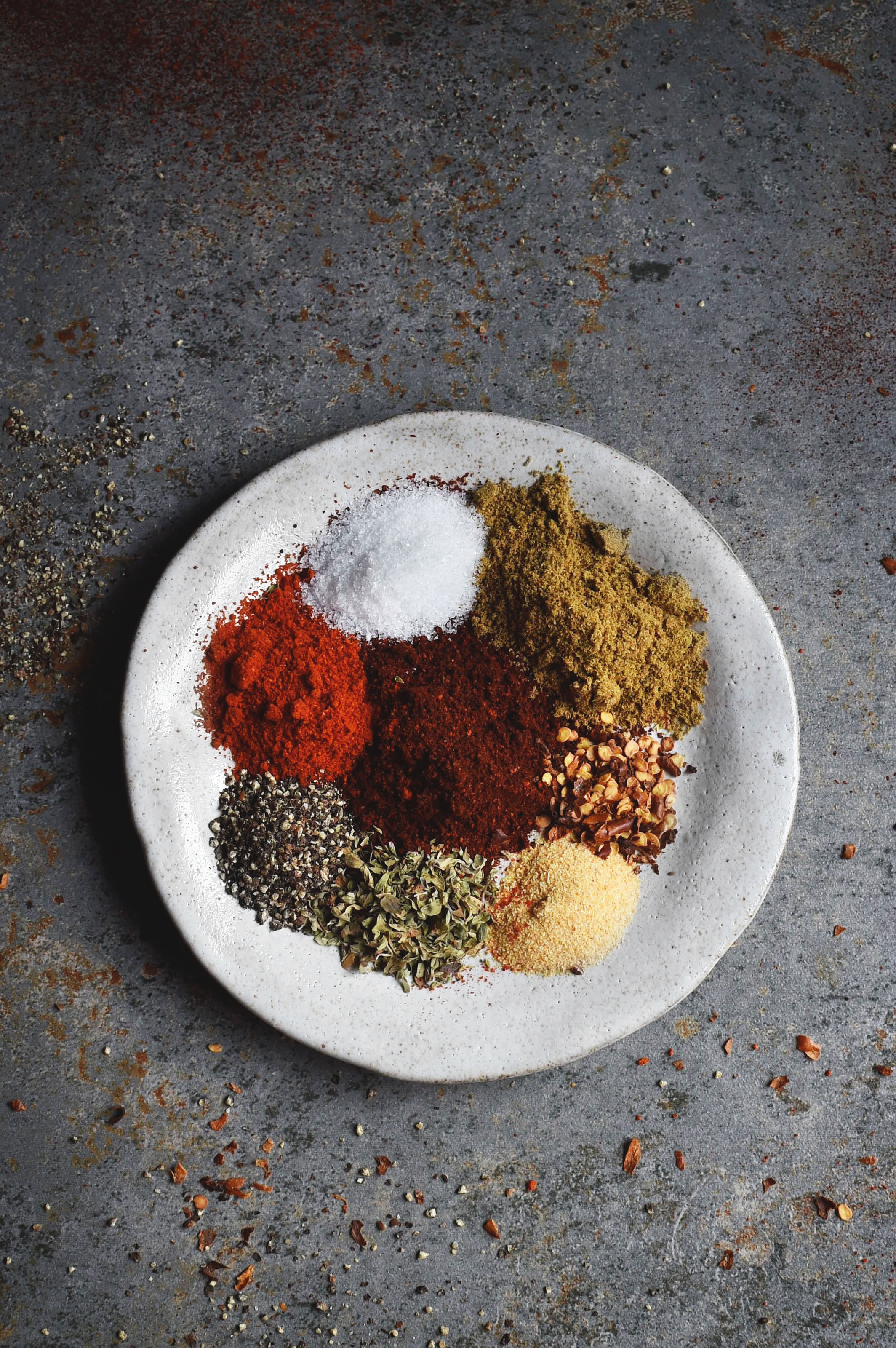 Overhead shot of spices on a bowl