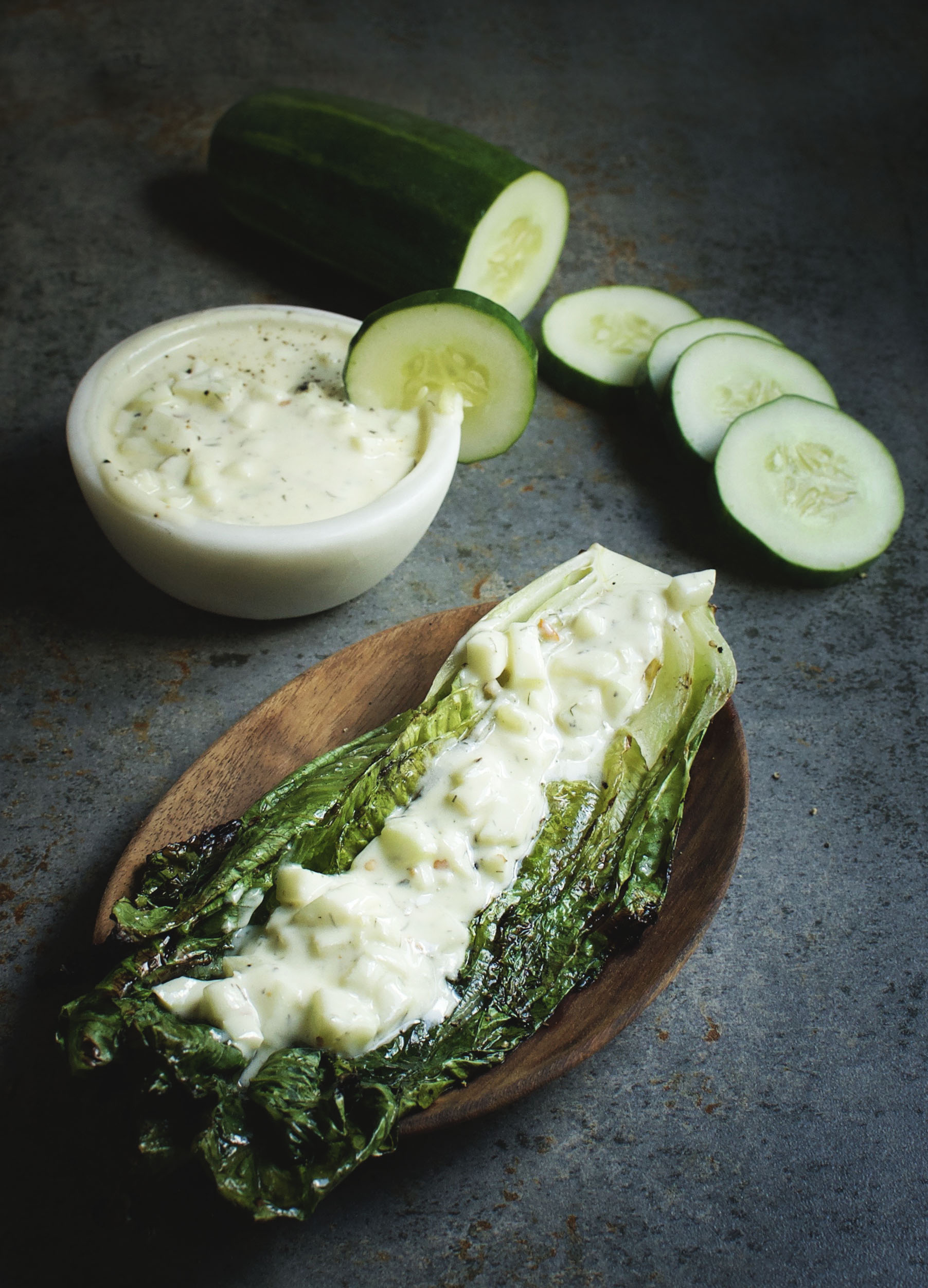 Grilled Romaine with Cucumber Dill Dressing