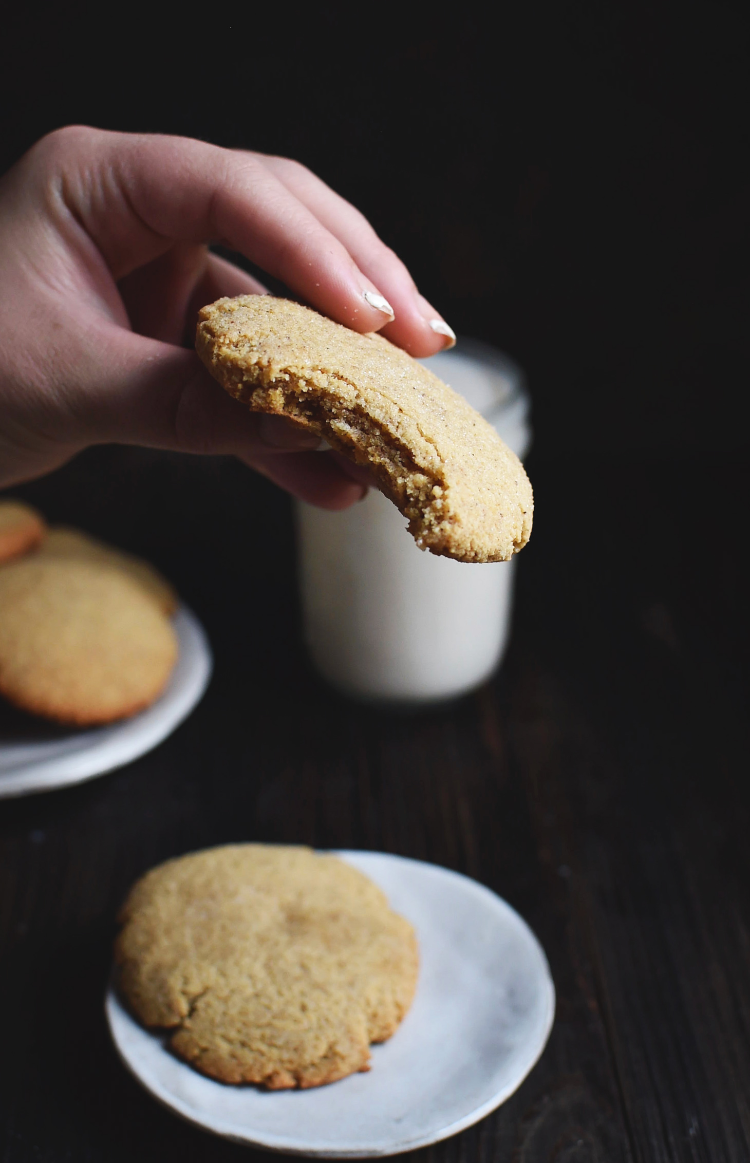 Low-Carb Molasses Gingerbread Cookie with a bite taken.
