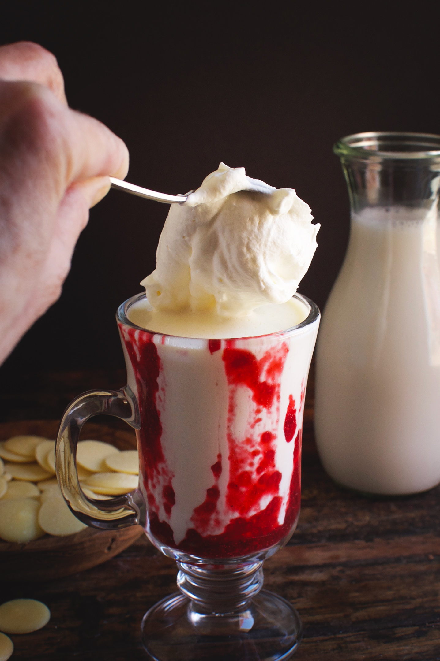 Low-Carb Raspberry White Hot Chocolate--Adding a dollop of whipped cream
