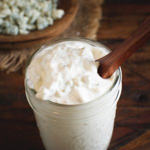 Low-Carb Blue Cheese Dressing (Dip) in a jar.