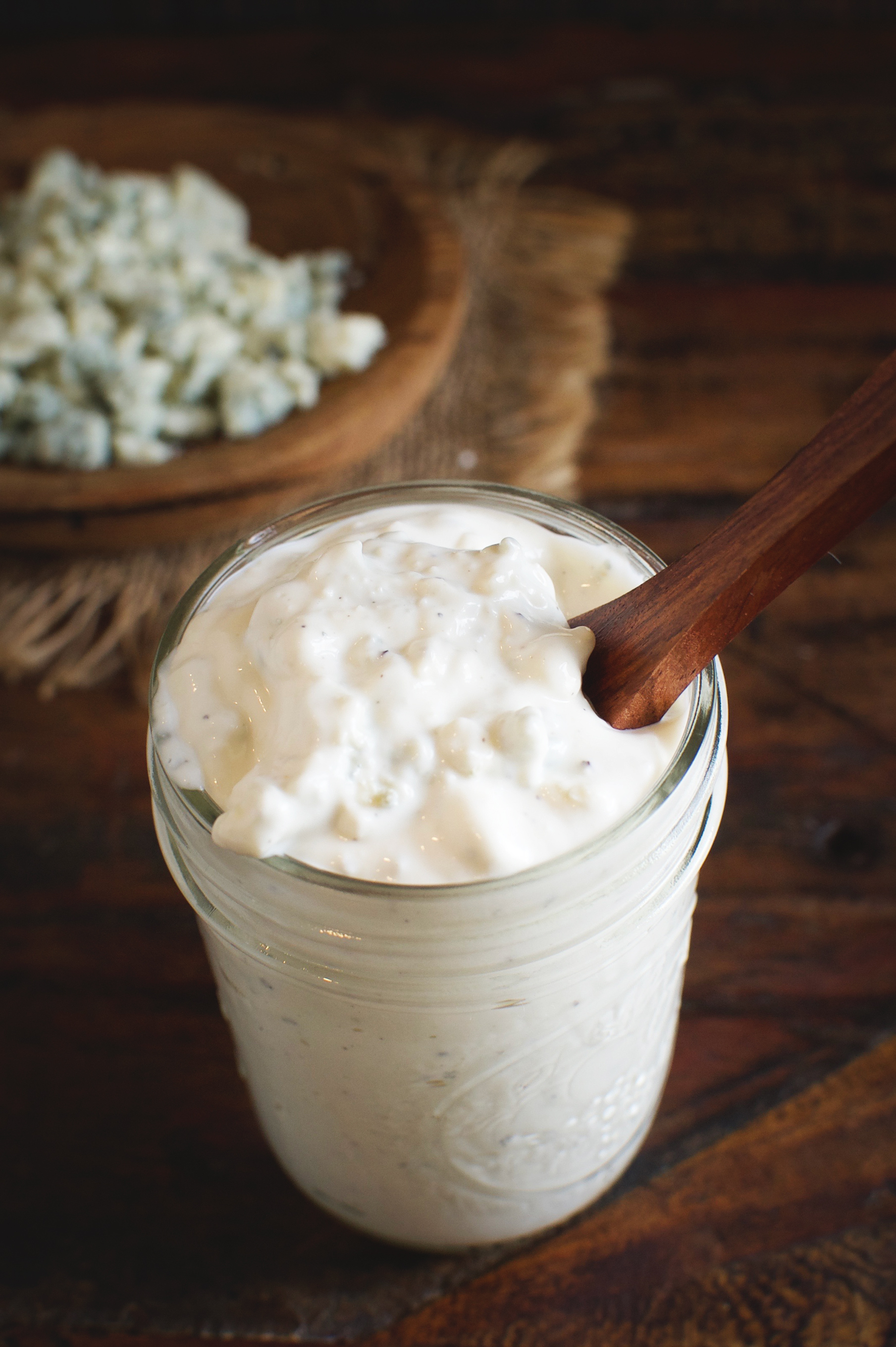 Low-Carb Blue Cheese Dressing (Dip) in a jar.