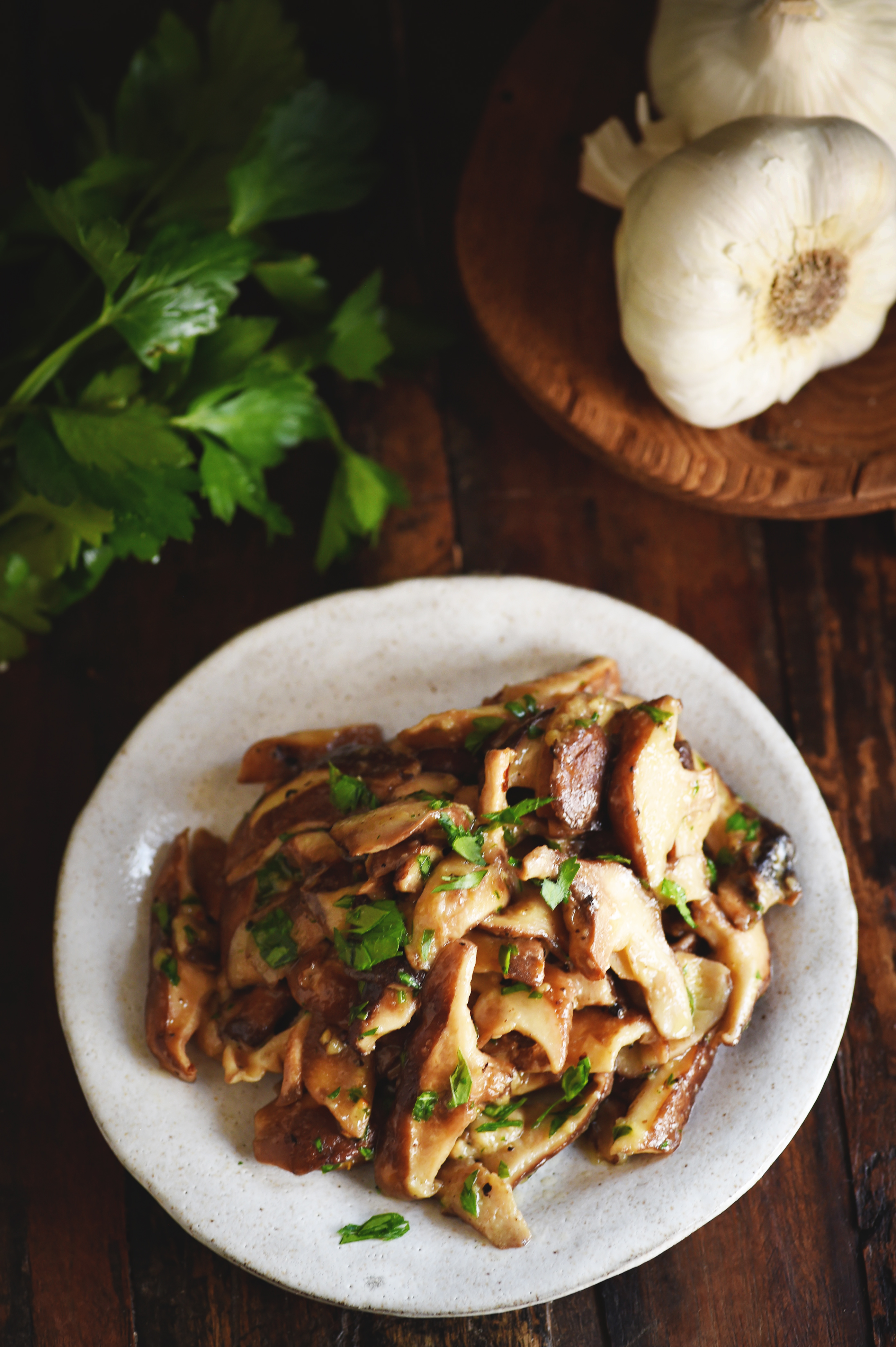 Garlic Mushrooms Recipe on a serving plate--overhead image.