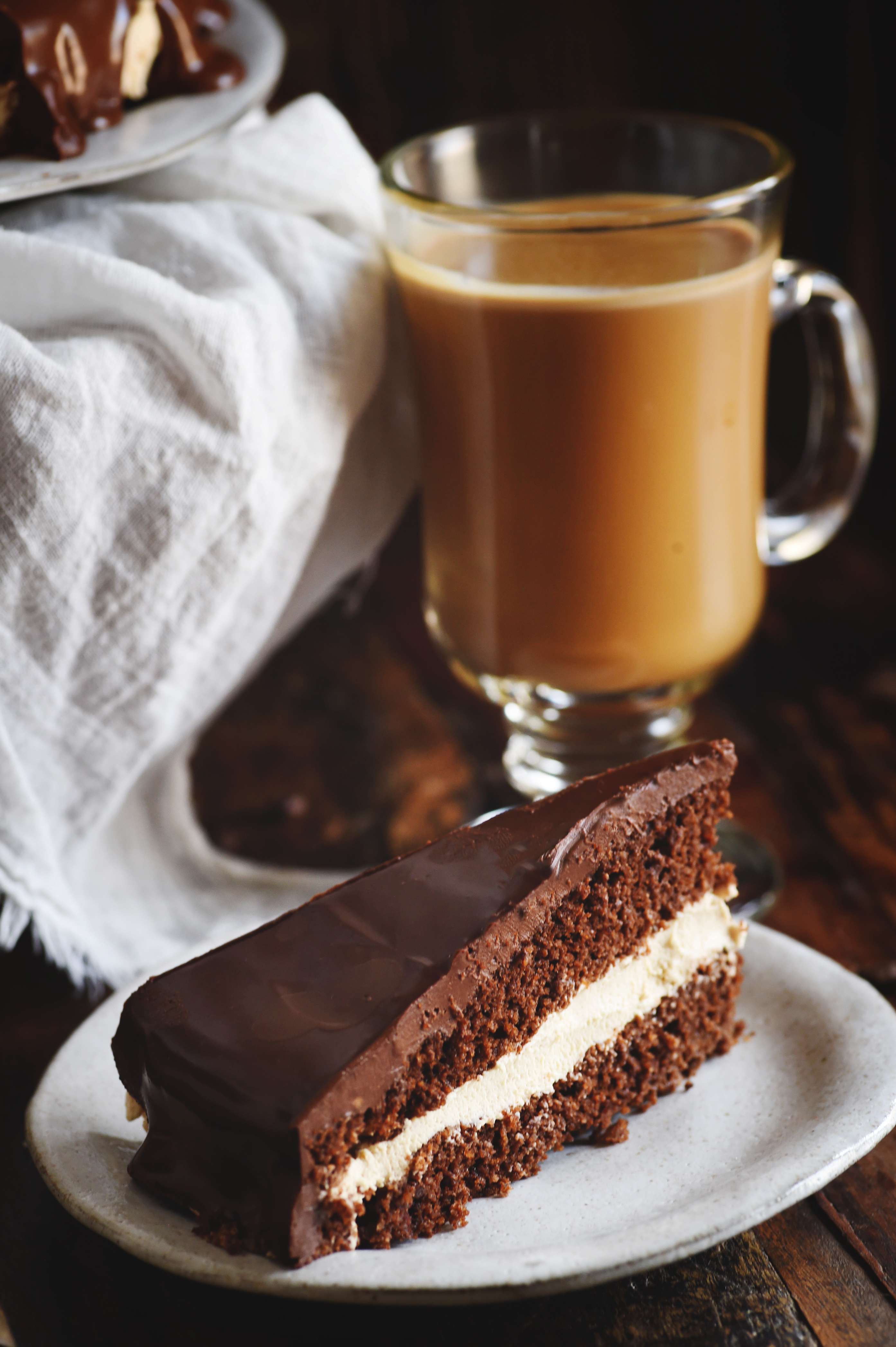 Low-Carb Chocolate Latte Dream Cake served on plate with coffee.
