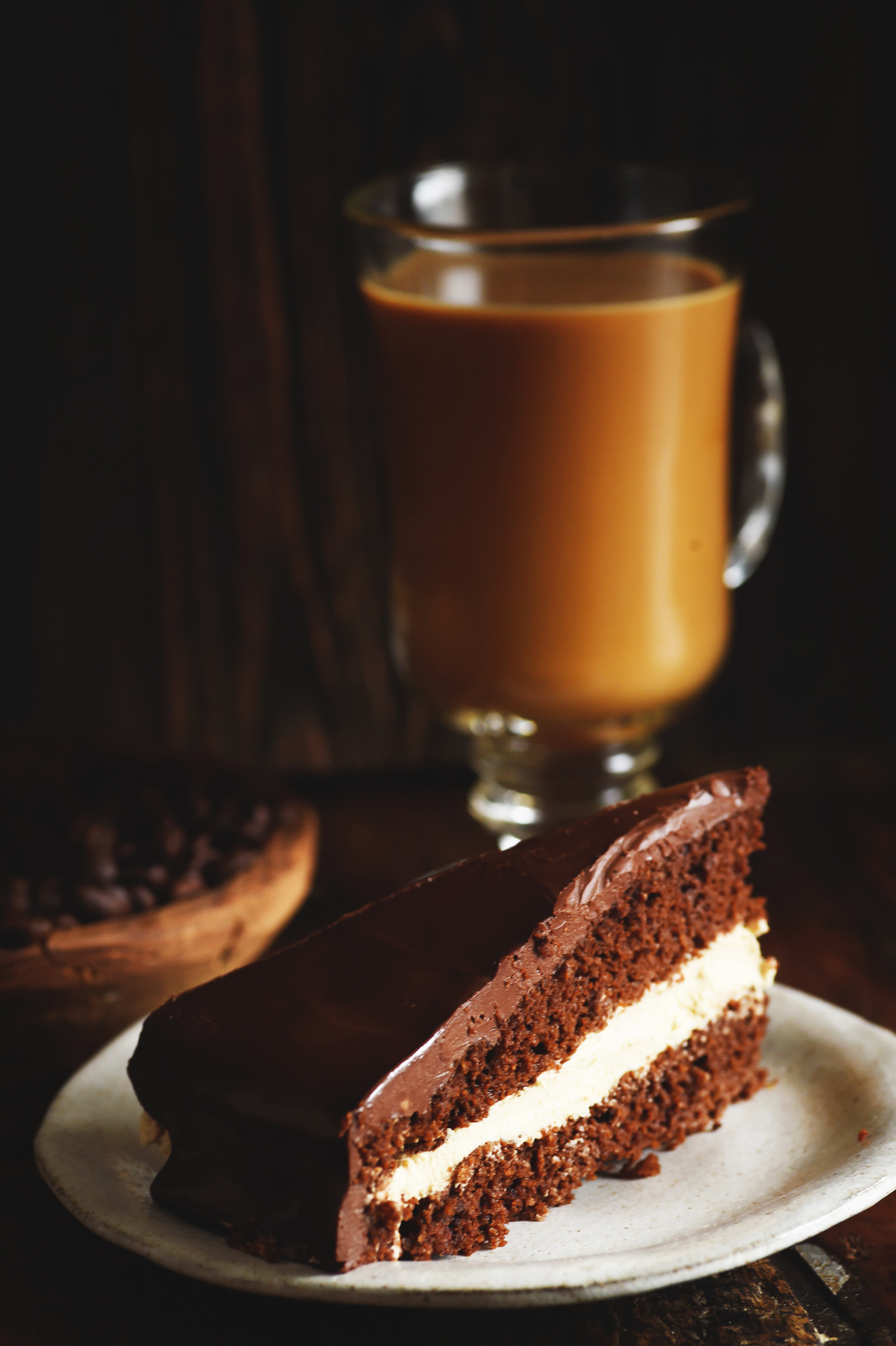 Low-Carb Chocolate Latte Dream Cake--one piece on a plate.