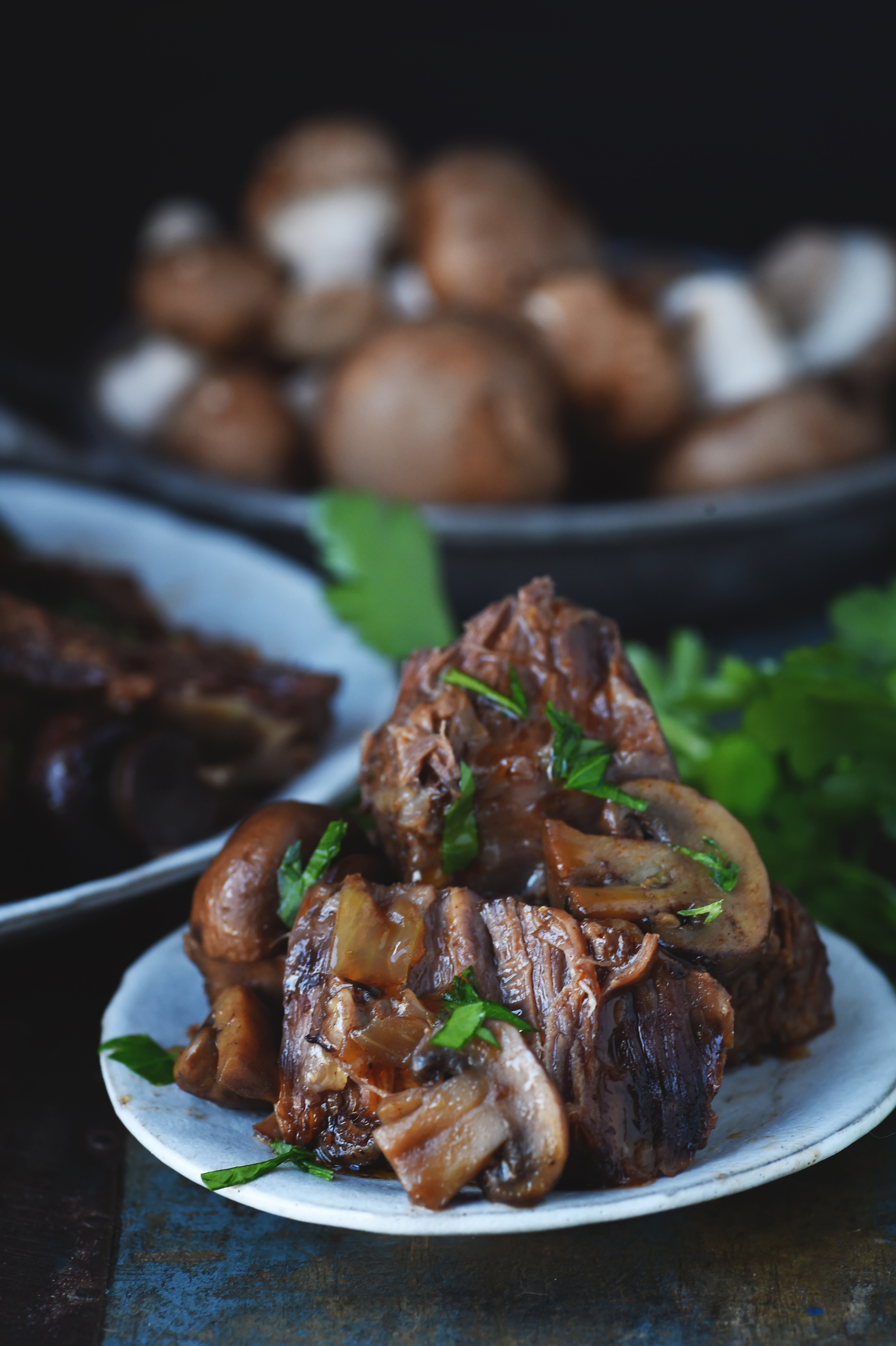 Low-Carb Pot Roast-side view highlighting the mushrooms