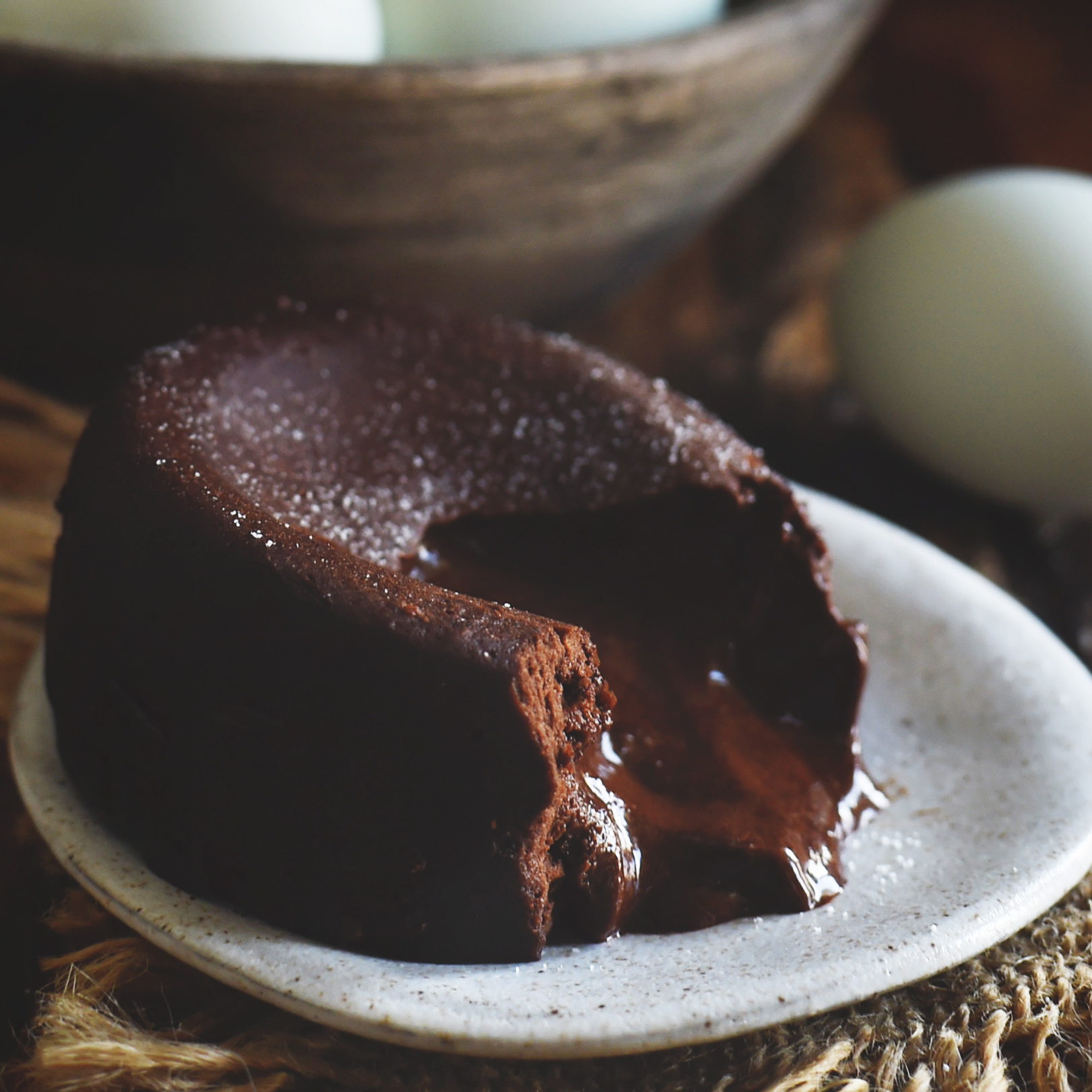 Low-Carb Chocolate Lava Cake served with chocolate center running out.