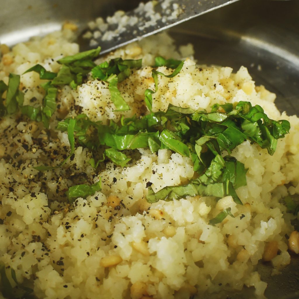 Cauliflower Rice Pilaf Recipe-adding the basil
