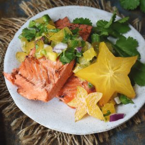 Low-Carb Salmon with Starfruit Salsa-The finished recipe.
