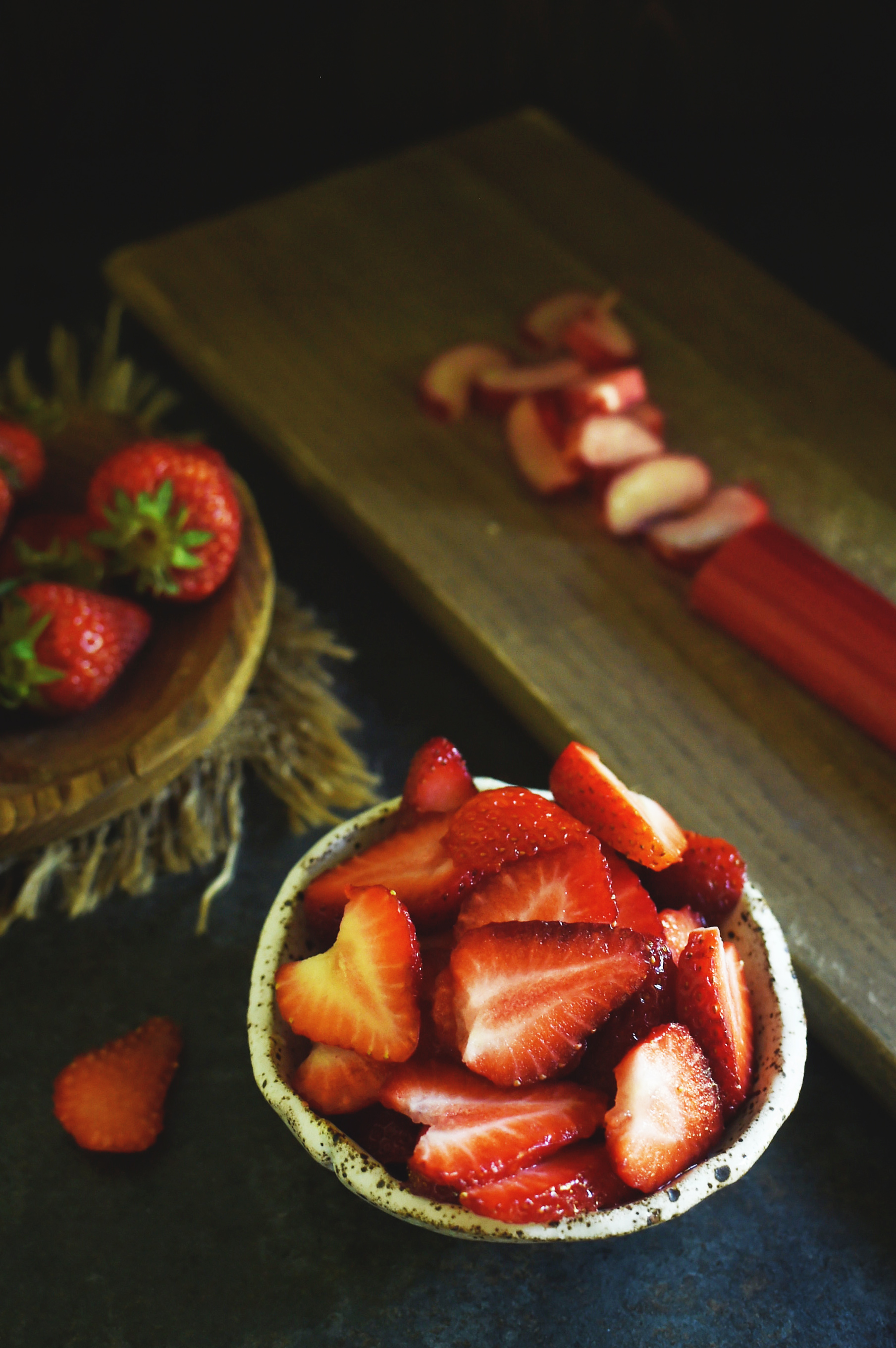 Strawberries and rhubarb, sliced.