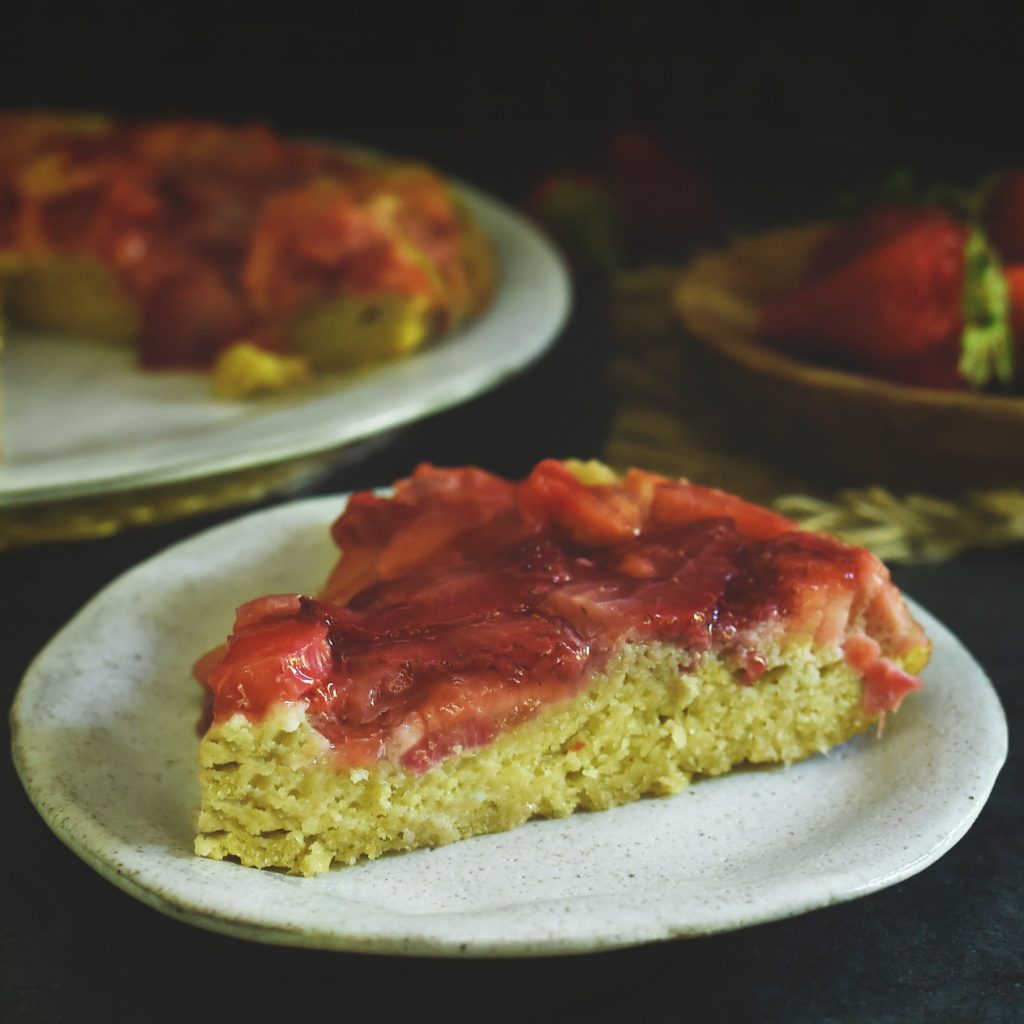 Low-Carb Strawberry Rhubarb Upside-Down Cake-Serving
