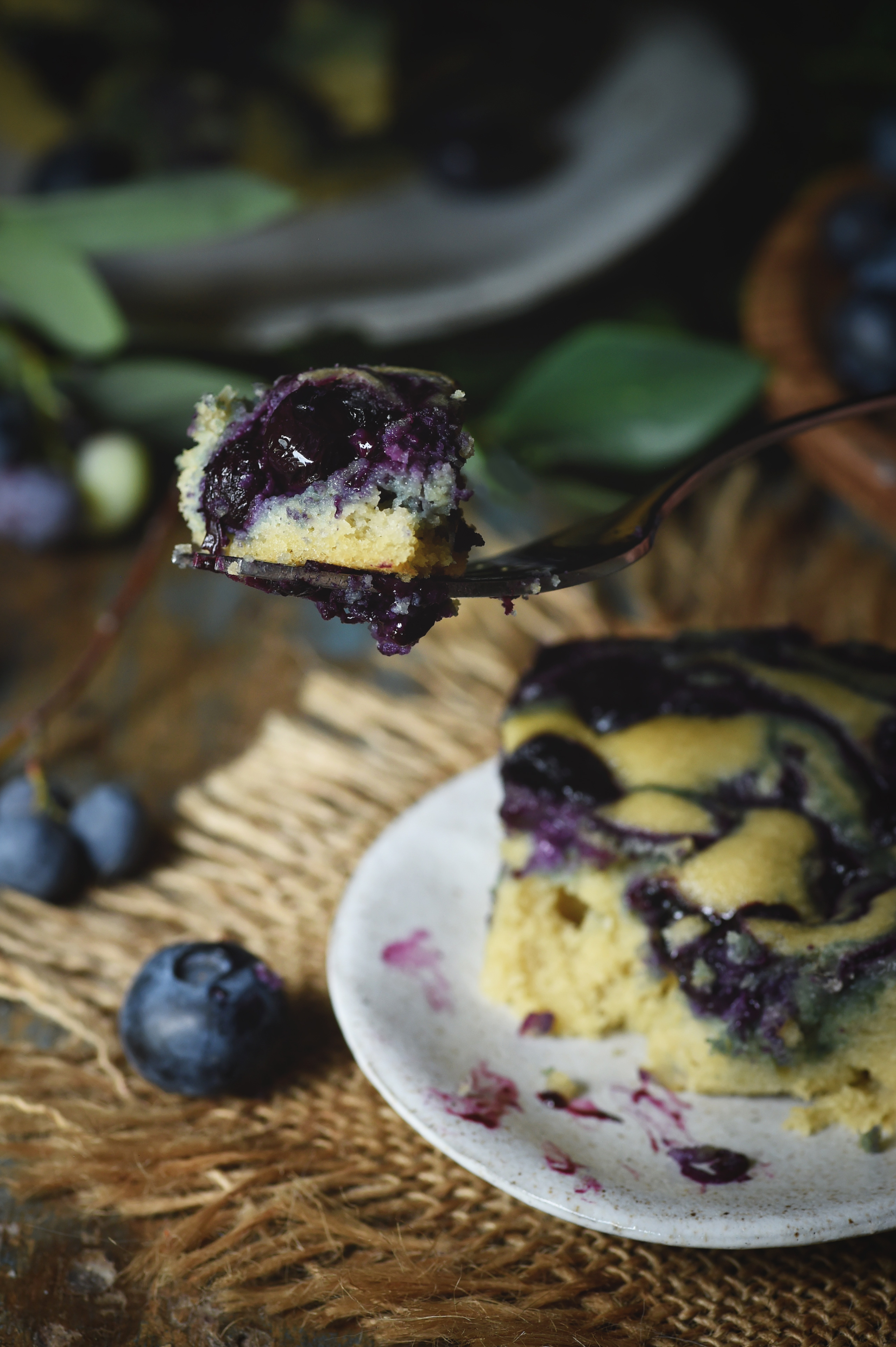 Low-Carb Blueberry Almond Flour Coffee Cake-a bite on a fork.
