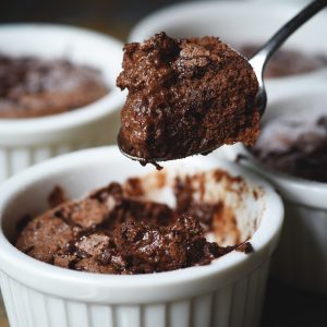 Low-Carb Chocolate Soufflé Recipe -square photo with spoonful.