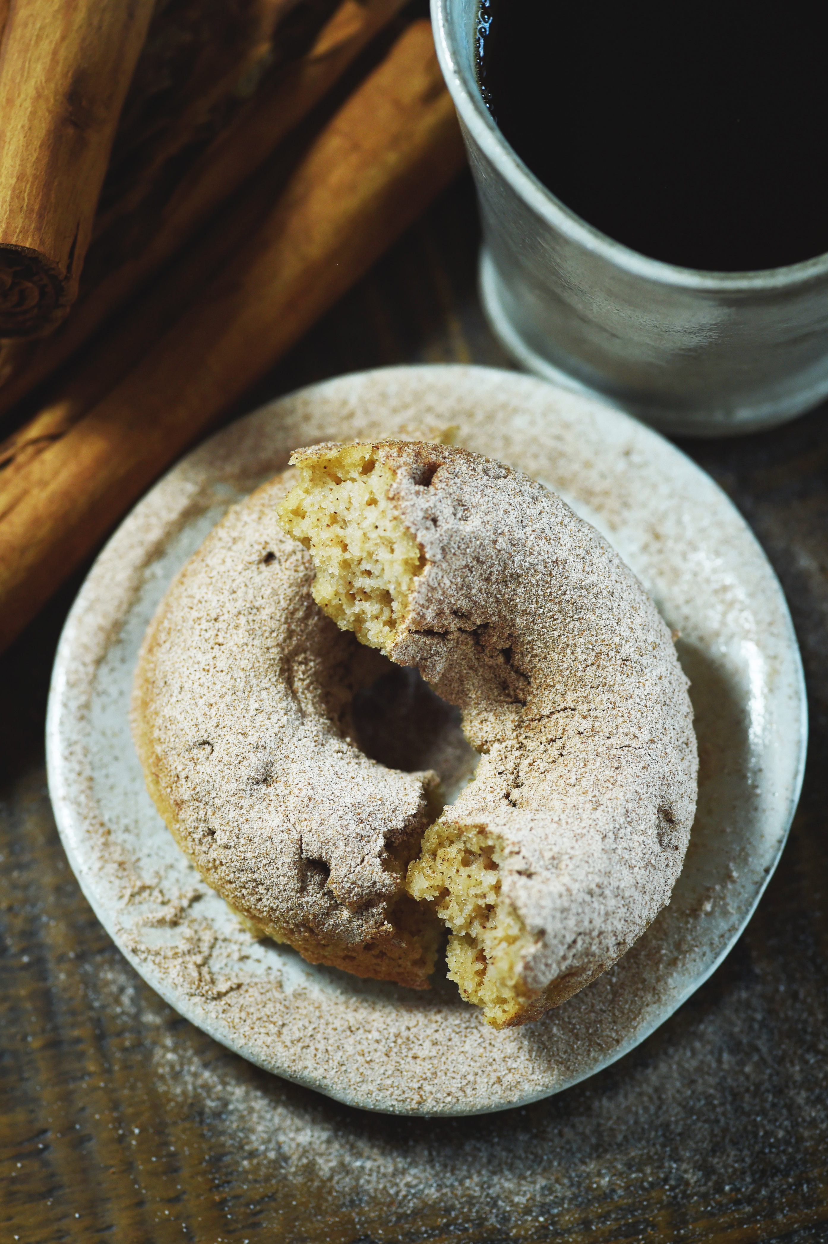 Low-Carb Cinnamon Sour Cream Donuts-Broken in half-top view