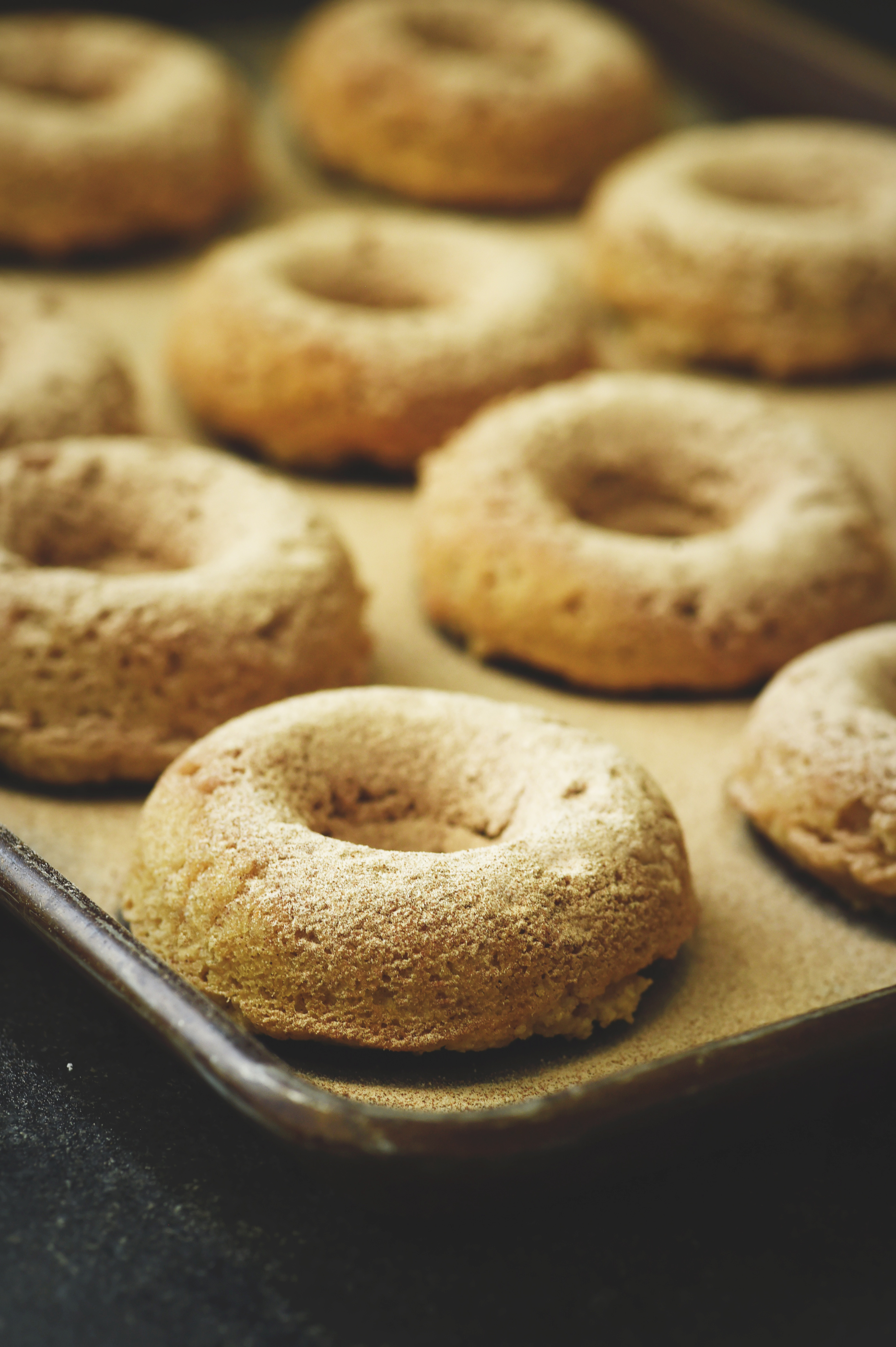 Low-Carb Cinnamon Sour Cream Donuts-On a baking sheet.
