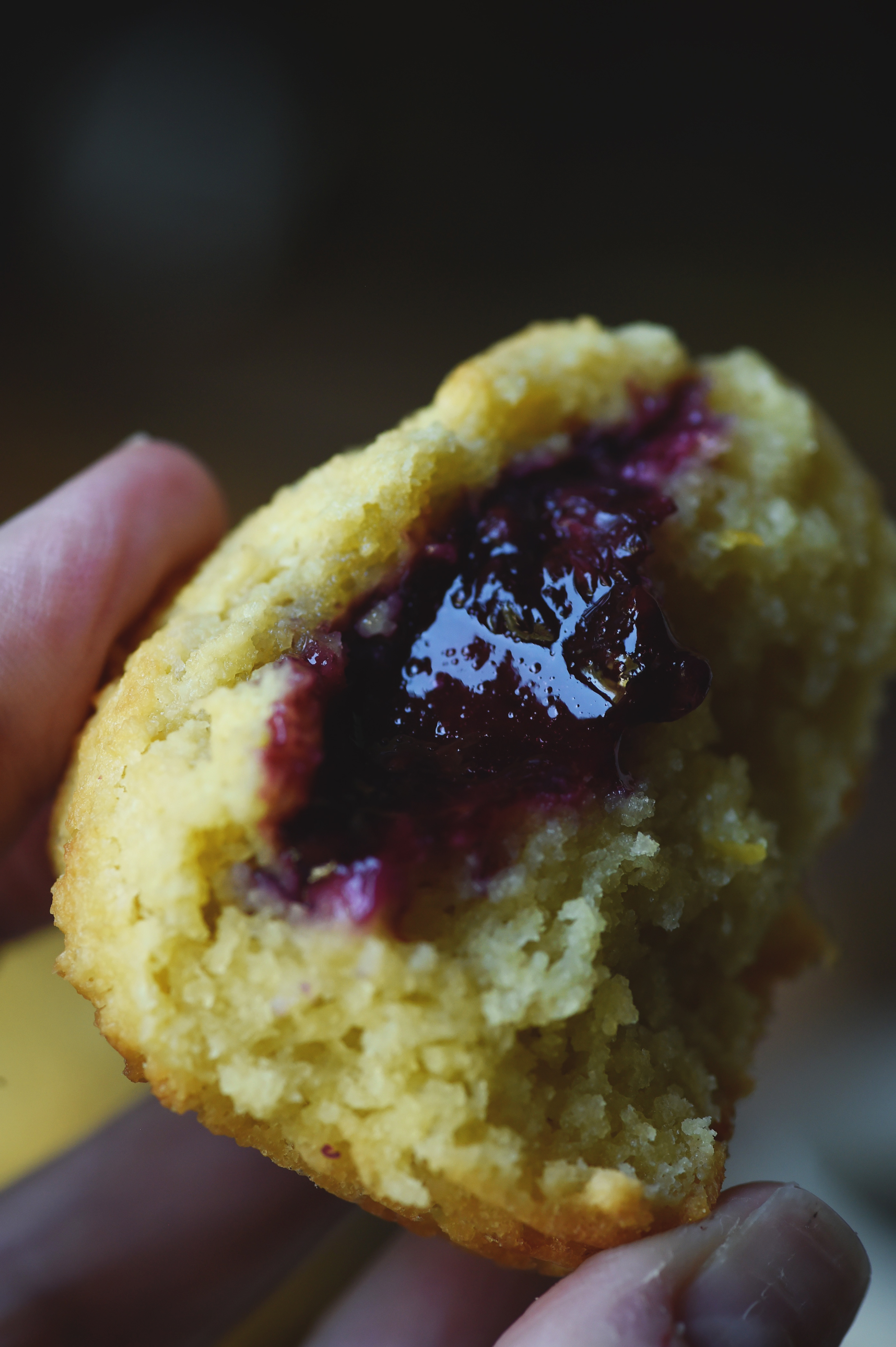 Low-Carb Blackberry-Filled Lemon Almond Flour Muffins-close-up of muffin inside.