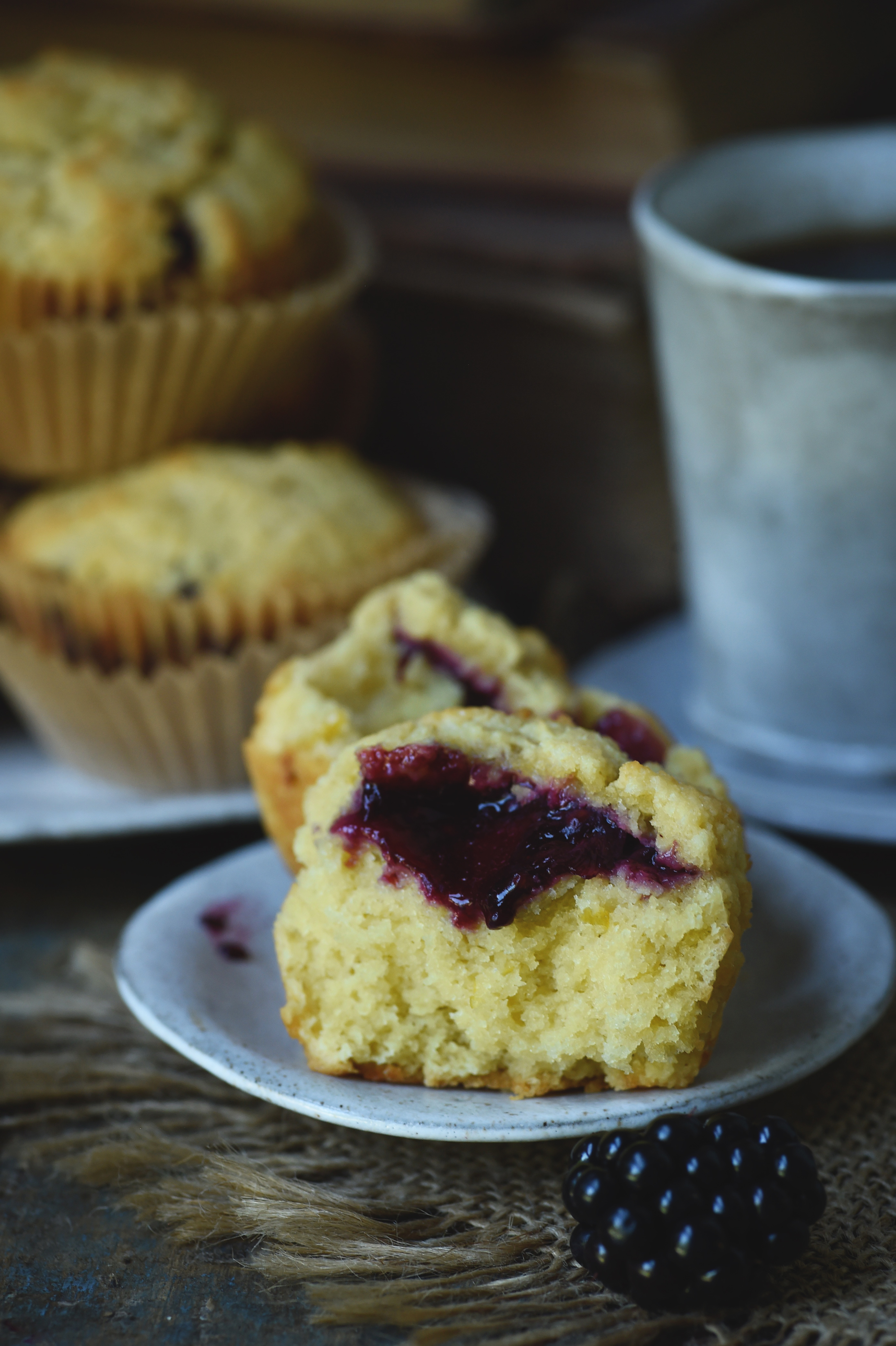 Low-Carb Blackberry-Filled Lemon Almond Flour Muffins-Muffin cut open