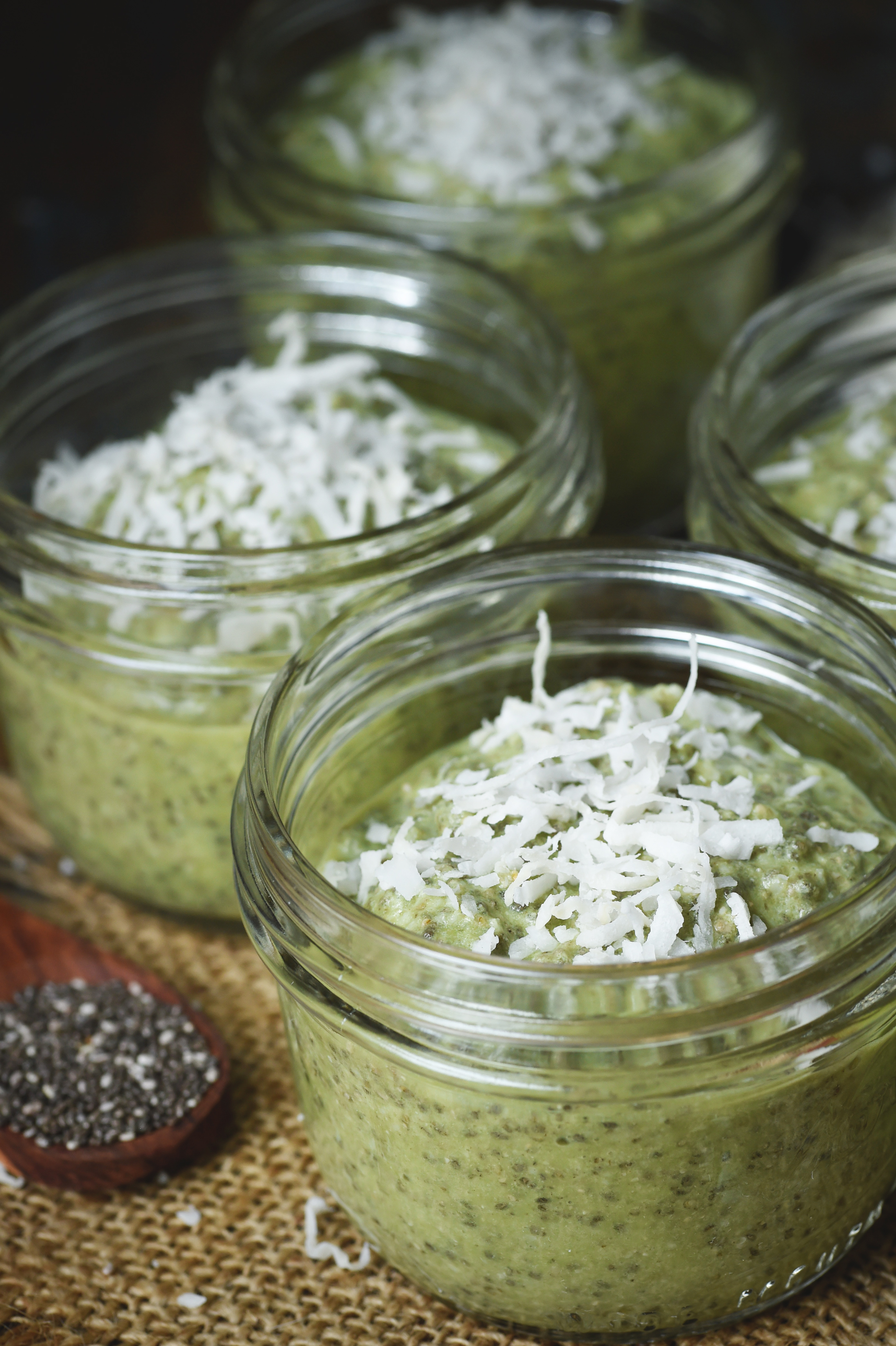 Low-Carb Coconut Matcha Chia Pudding Recipe-in serving dishes.