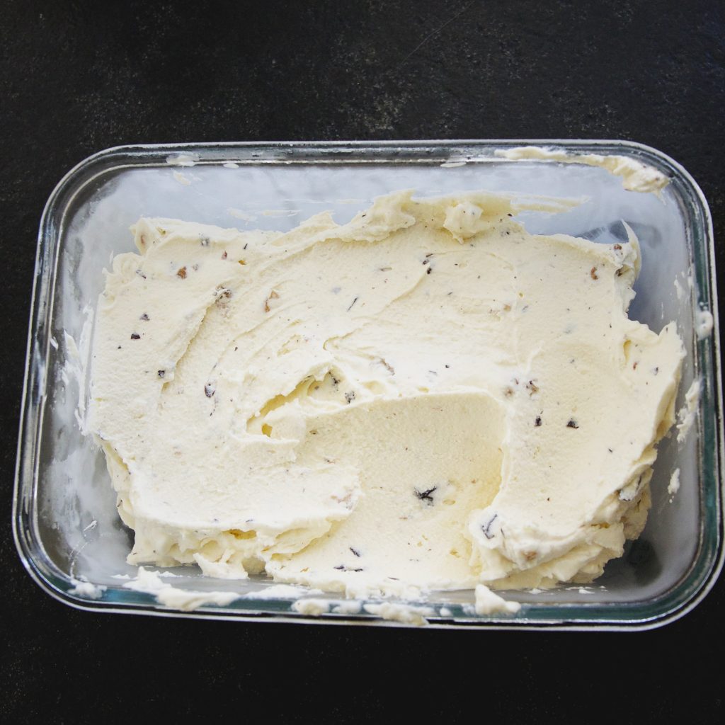 Keto-Friendly Chunky Monkey Ice Cream-In a freezer-safe container.