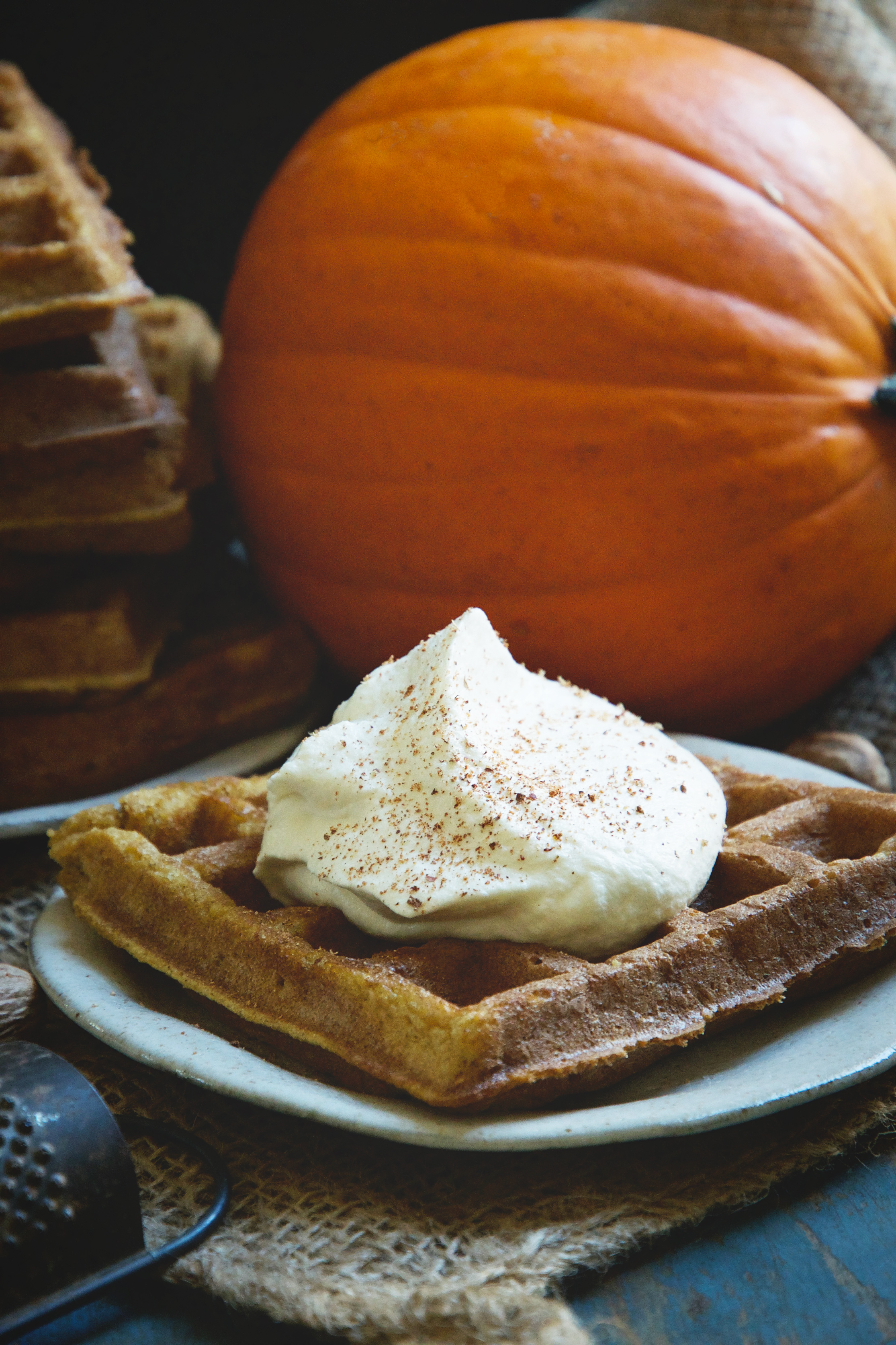 Pumpkin Low-Carb Almond Flour Waffle Recipe -with maple whipped cream and nutmeg