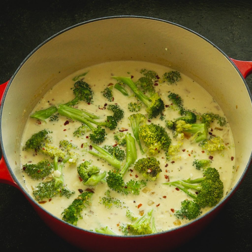 Low-Carb Broccoli Cheddar Soup Recipe-Adding the broccoli