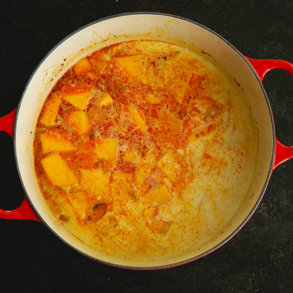 Low-Carb Thai Curried Butternut Squash Soup-adding liquids and squash