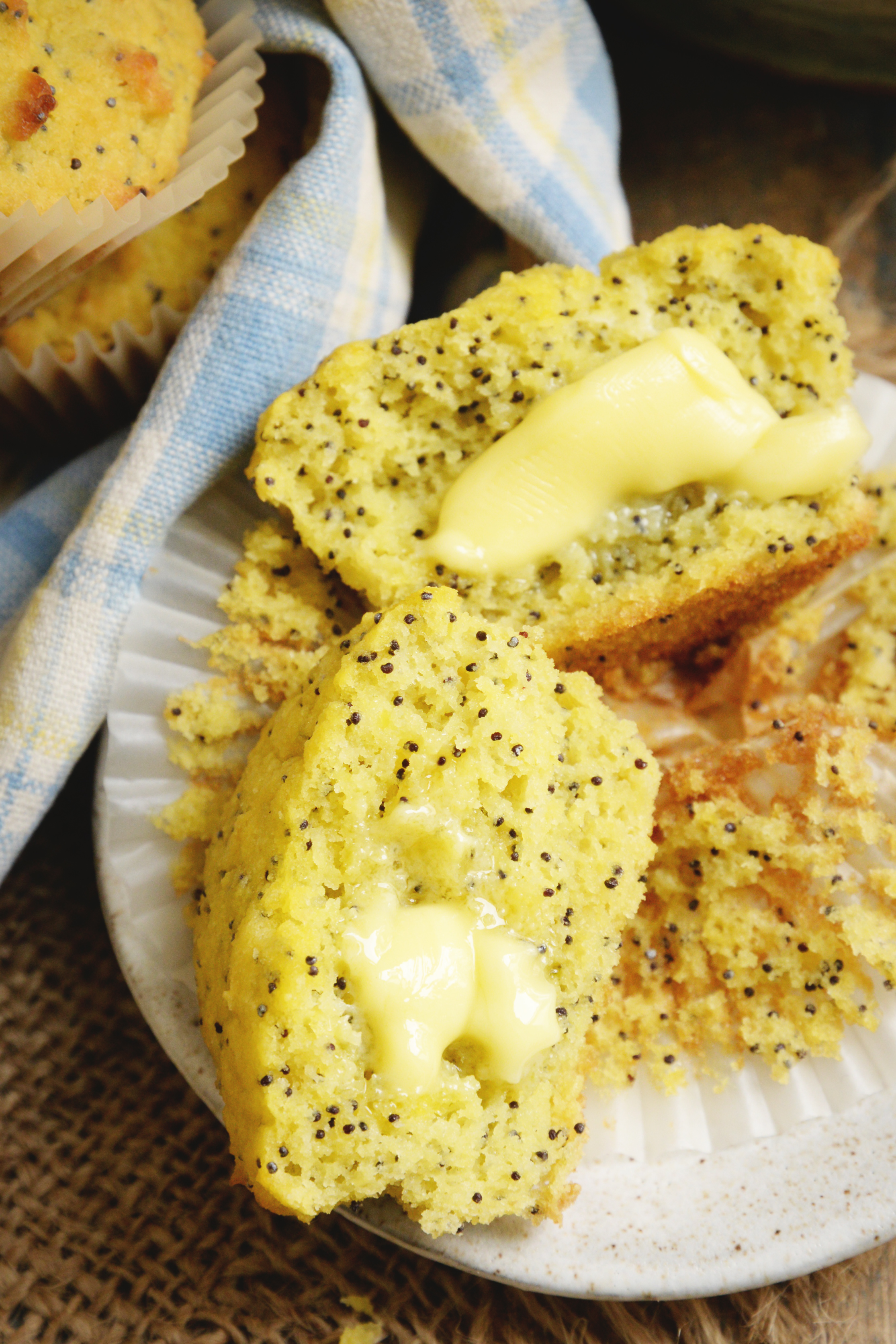 Lemon-Poppy-Seed-Muffins-Cloase-up of buttered muffin