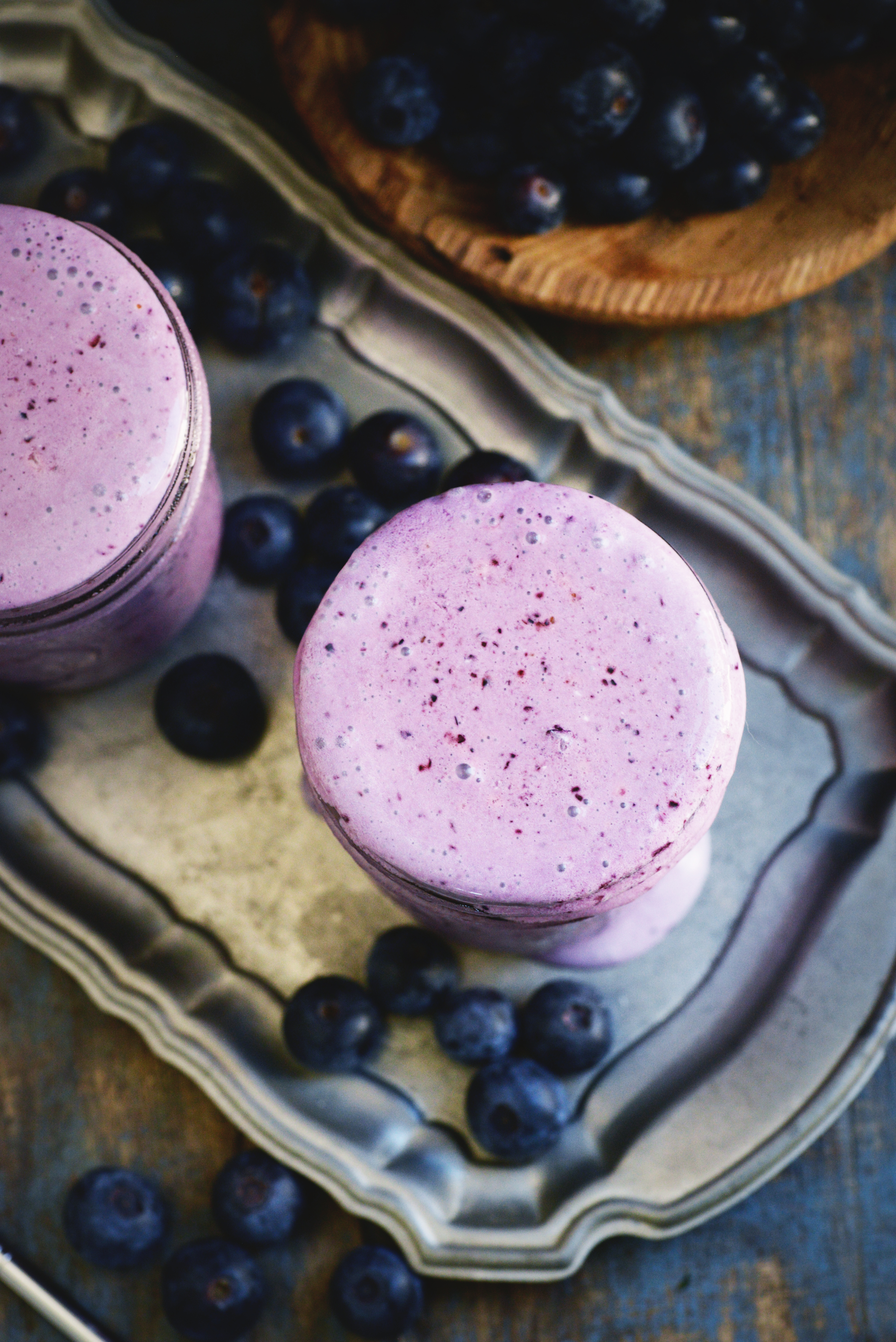 Low-Carb Blueberry Smoothie-on a tray.