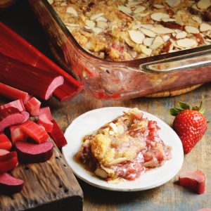 Low-Carb Strawberry Rhubarb Crisp recipe-ready for ice-cream.