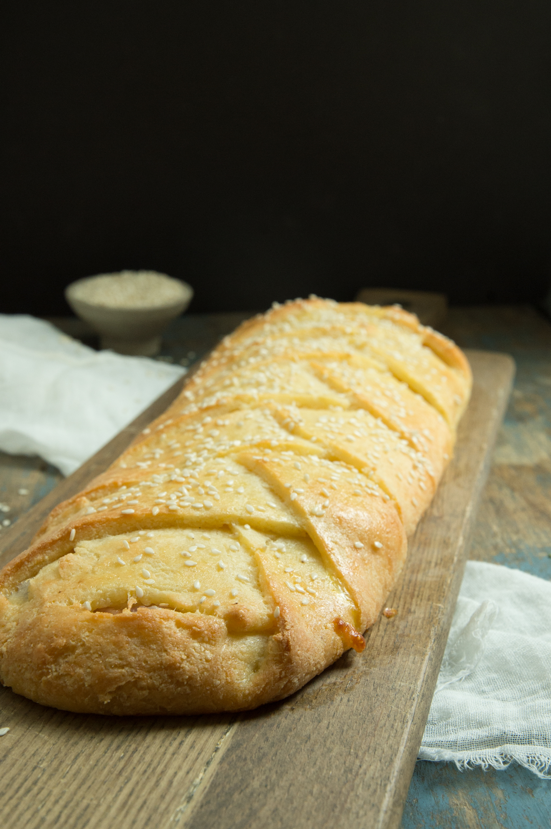 Low-Carb Ham and Cheese Sandwich Braid-Side view of braid.