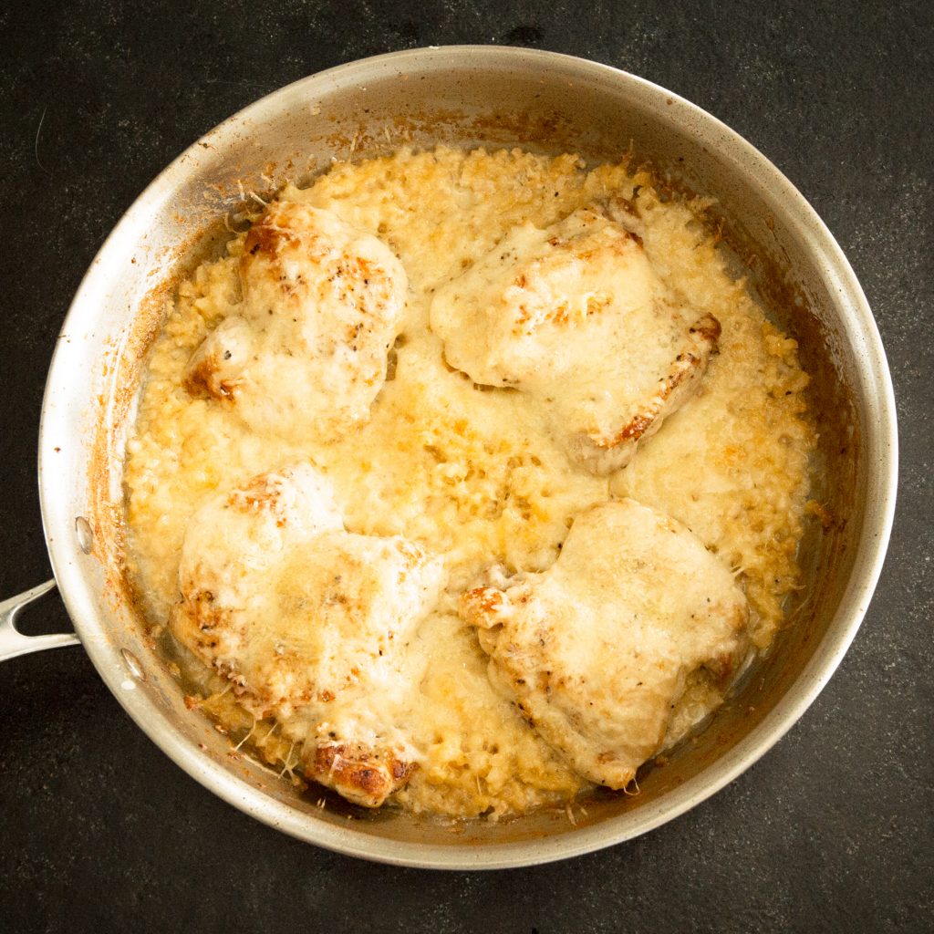Low-Carb One Skillet Creamy Garlic Parmesan Chicken fresh from the oven.