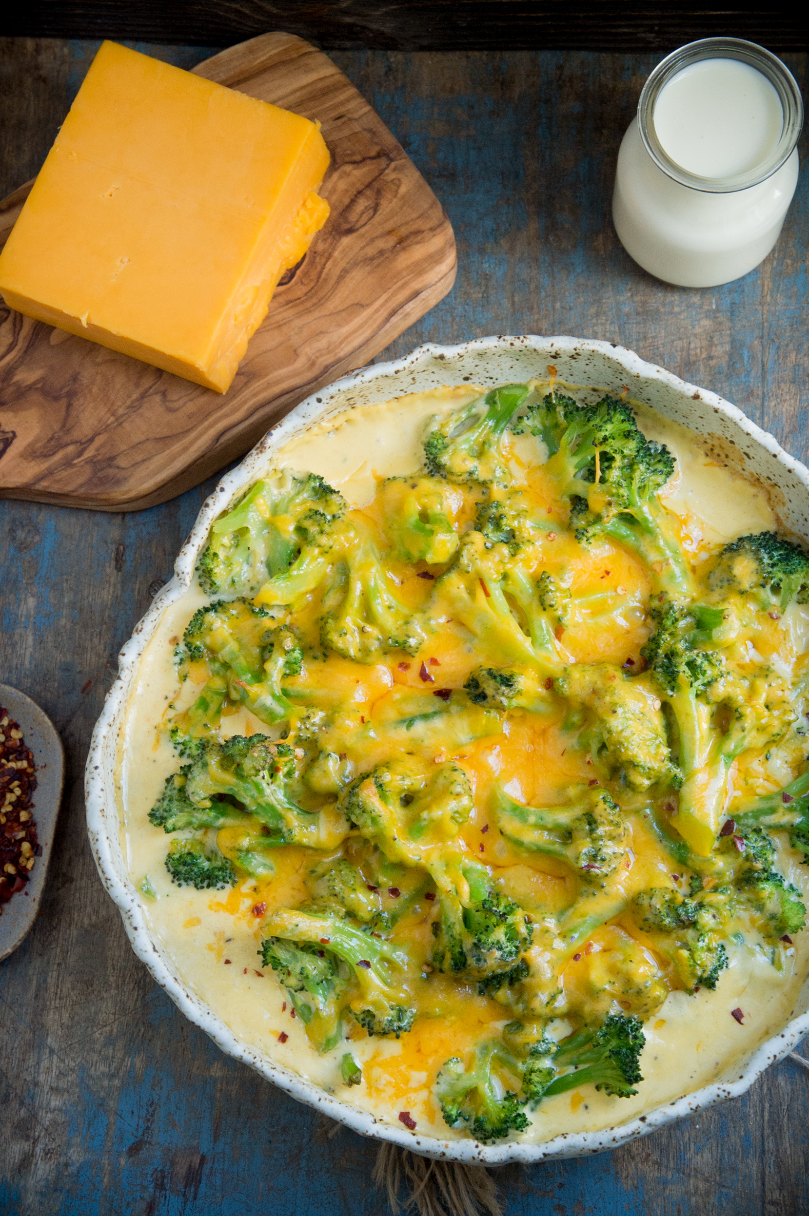Low-Carb Keto Broccoli Cheese Casserole- in a pottery bowl.