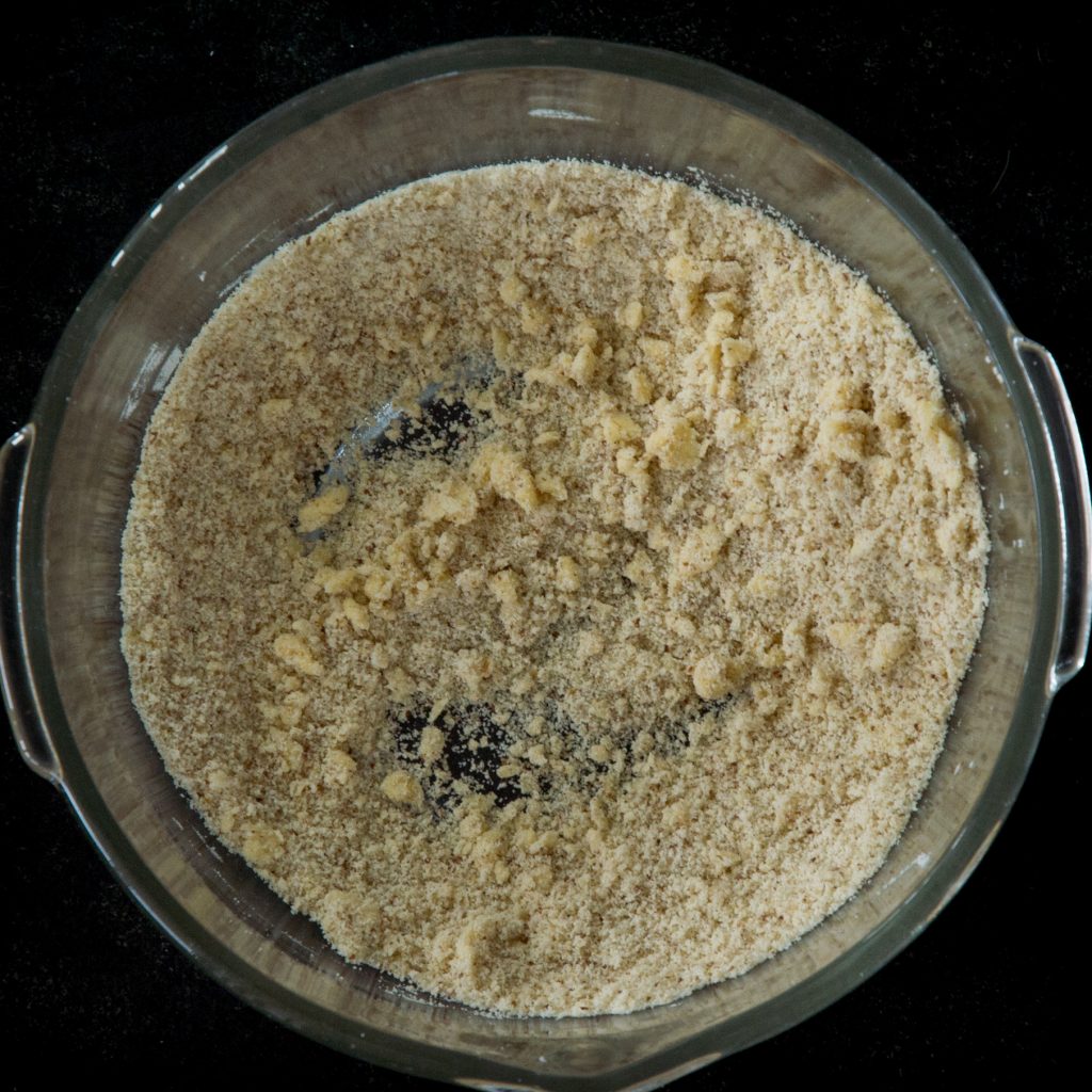 Dry ingredients after cutting in the butter in a food processor.