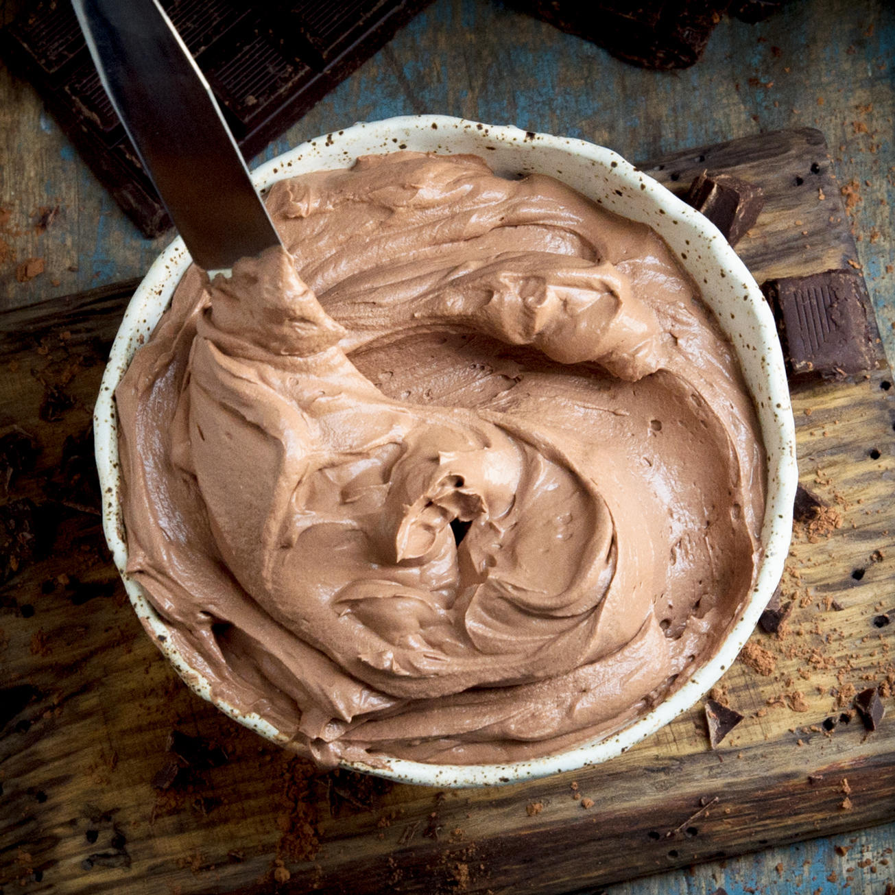 Overhead photo of bowl of chocolate frosting
