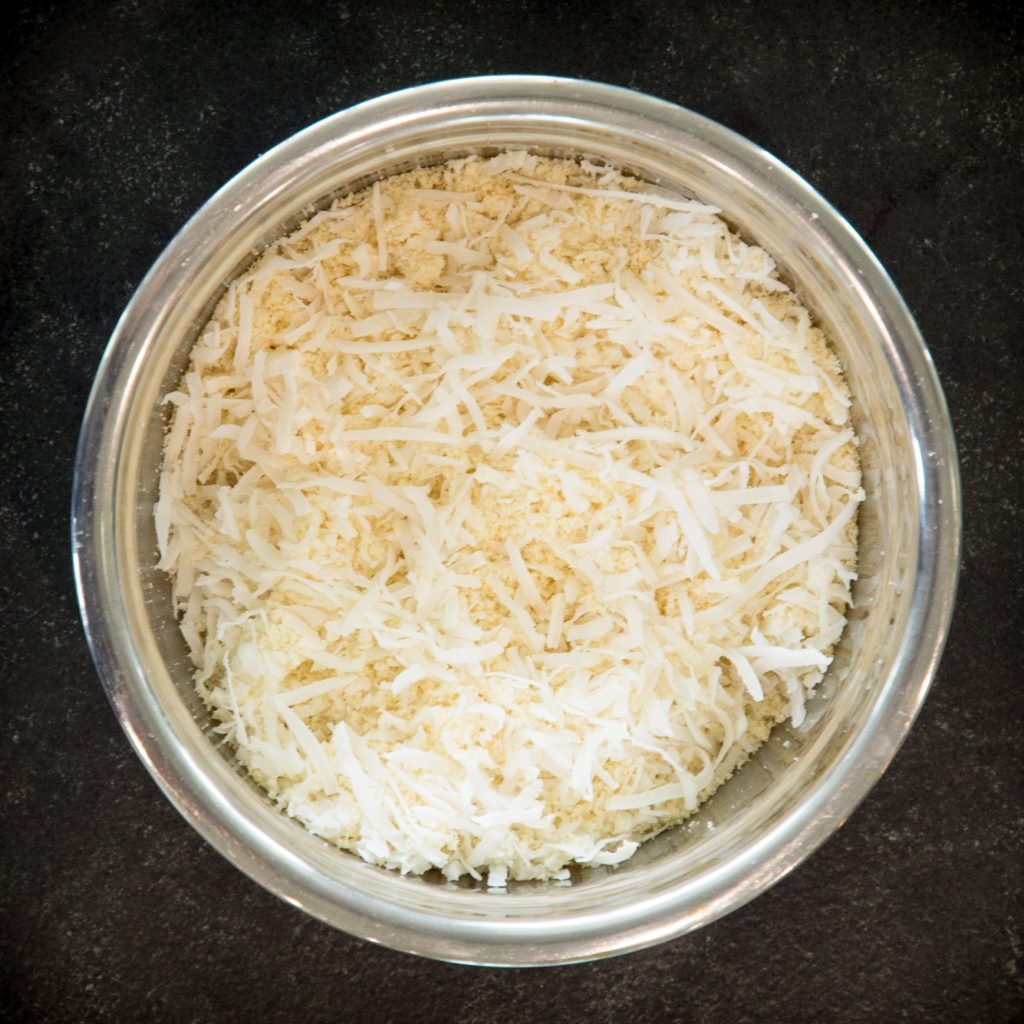 Process photo of coconut breading mixture.