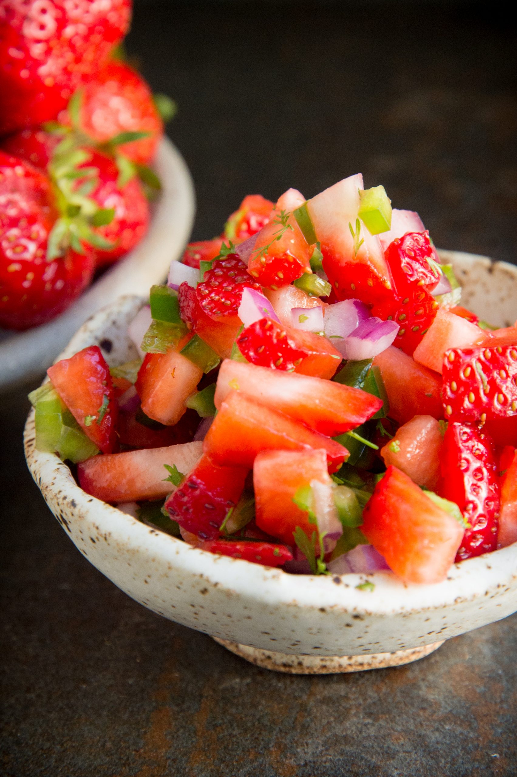 Photo of the strawberry salsa in a bowl.