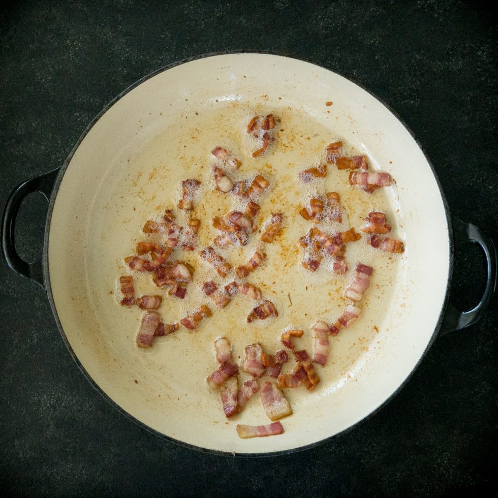 cooking the bacon for the chard.