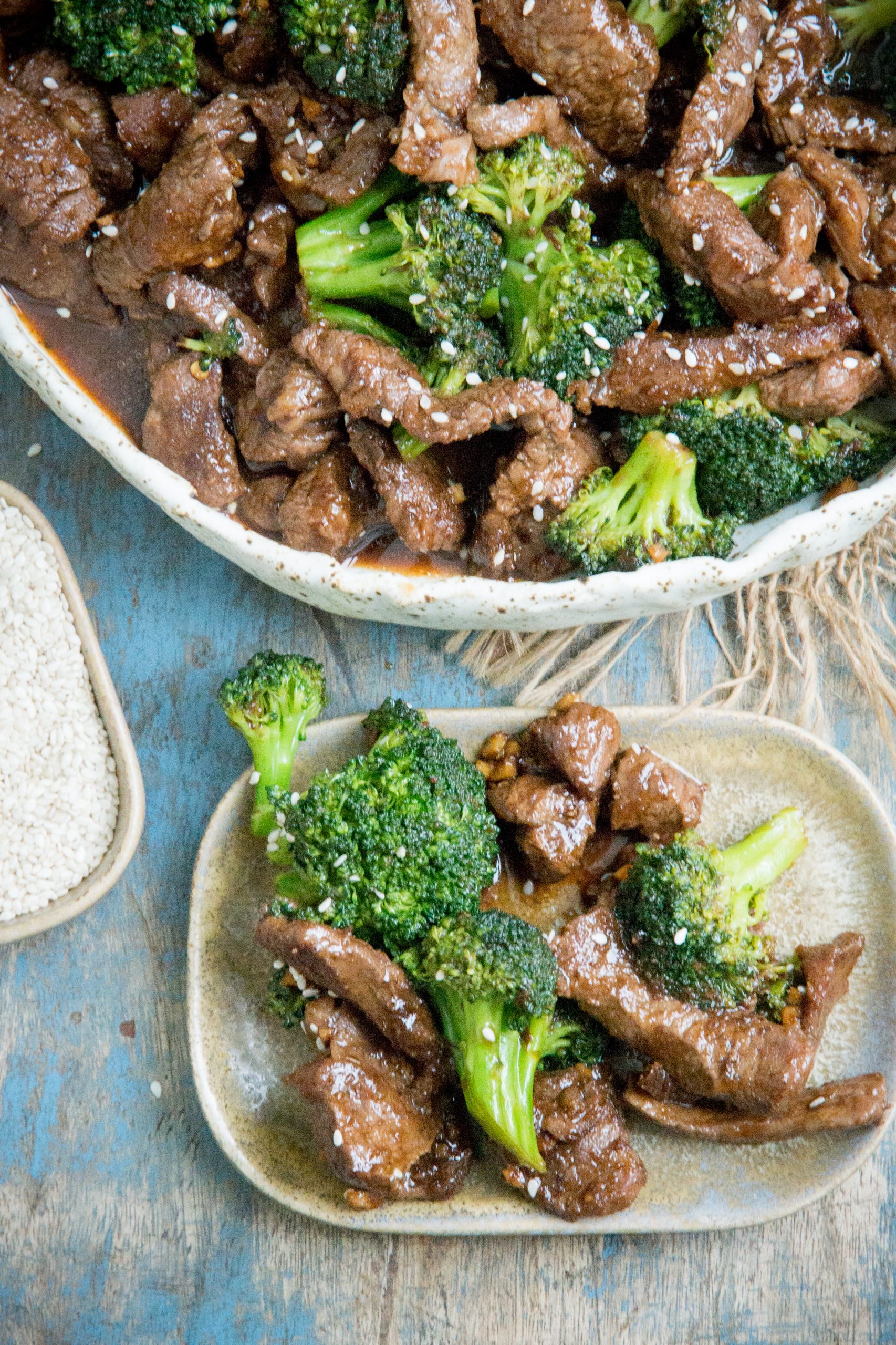 beef and broccoli served on a plate.