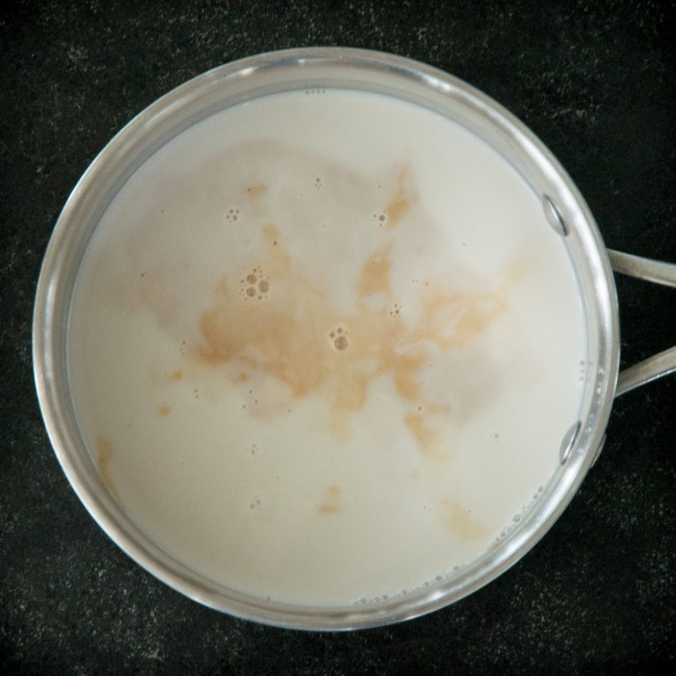 Adding the vanilla extract to the coconut milk.