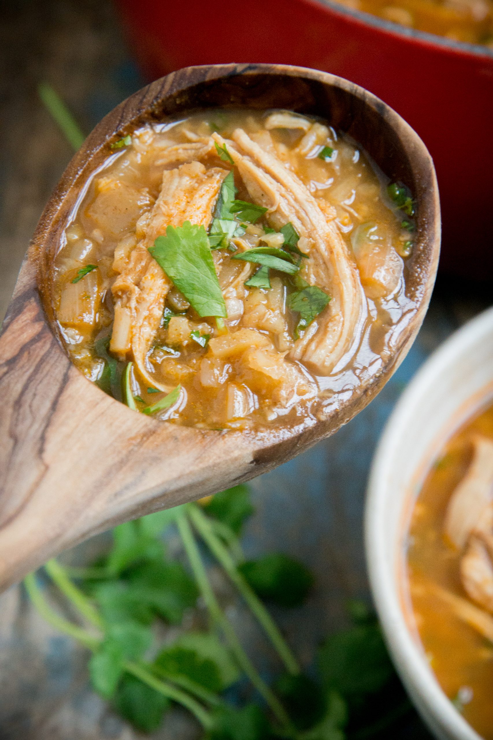 Keto Spicy Chicken Soup in a wooden ladle.
