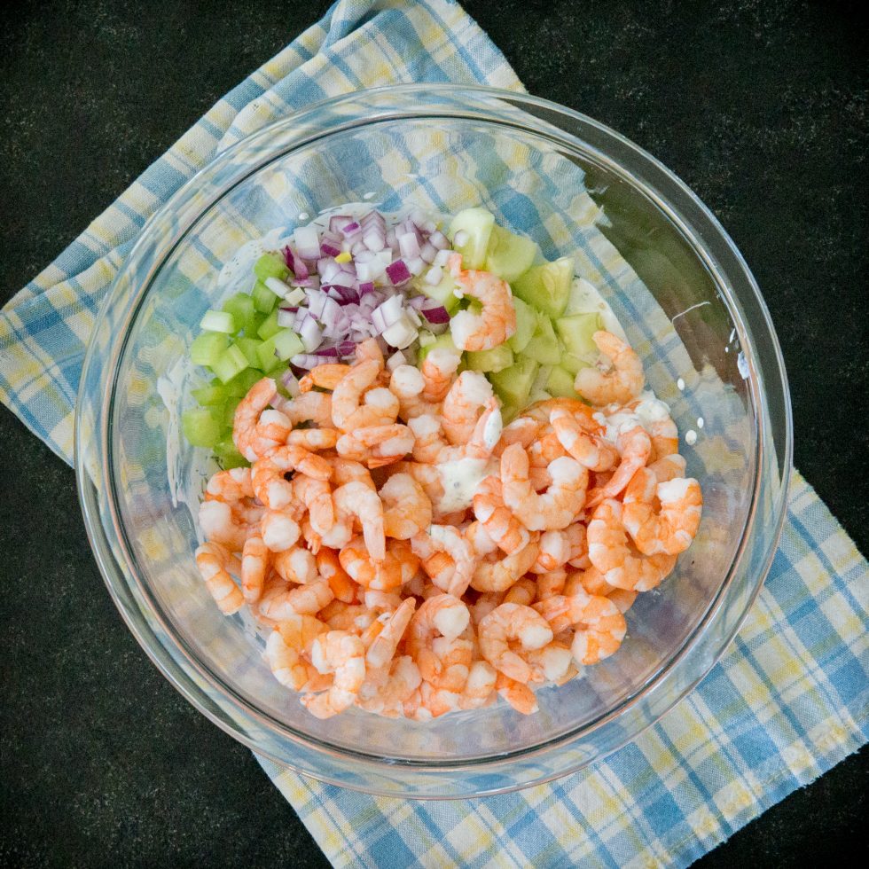 Adding the veggies and the shrimp.