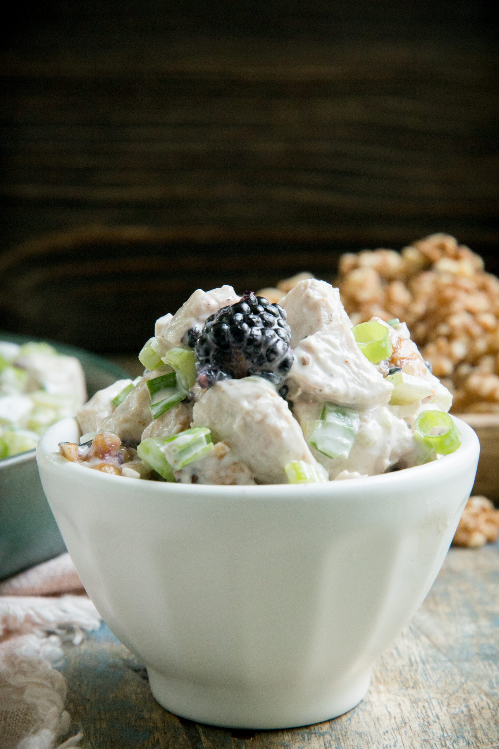 A bowl of blackberry walnut chicken salad.