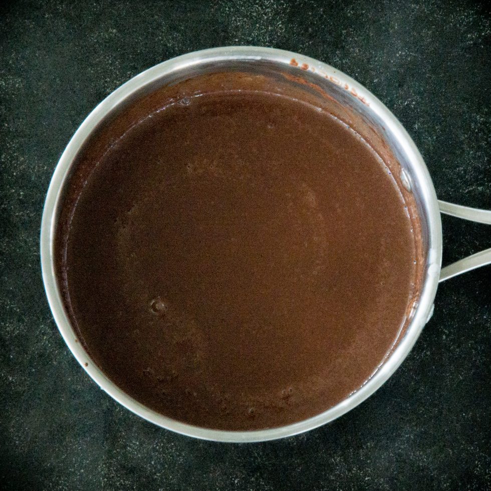 The smooth chocolate mixture.