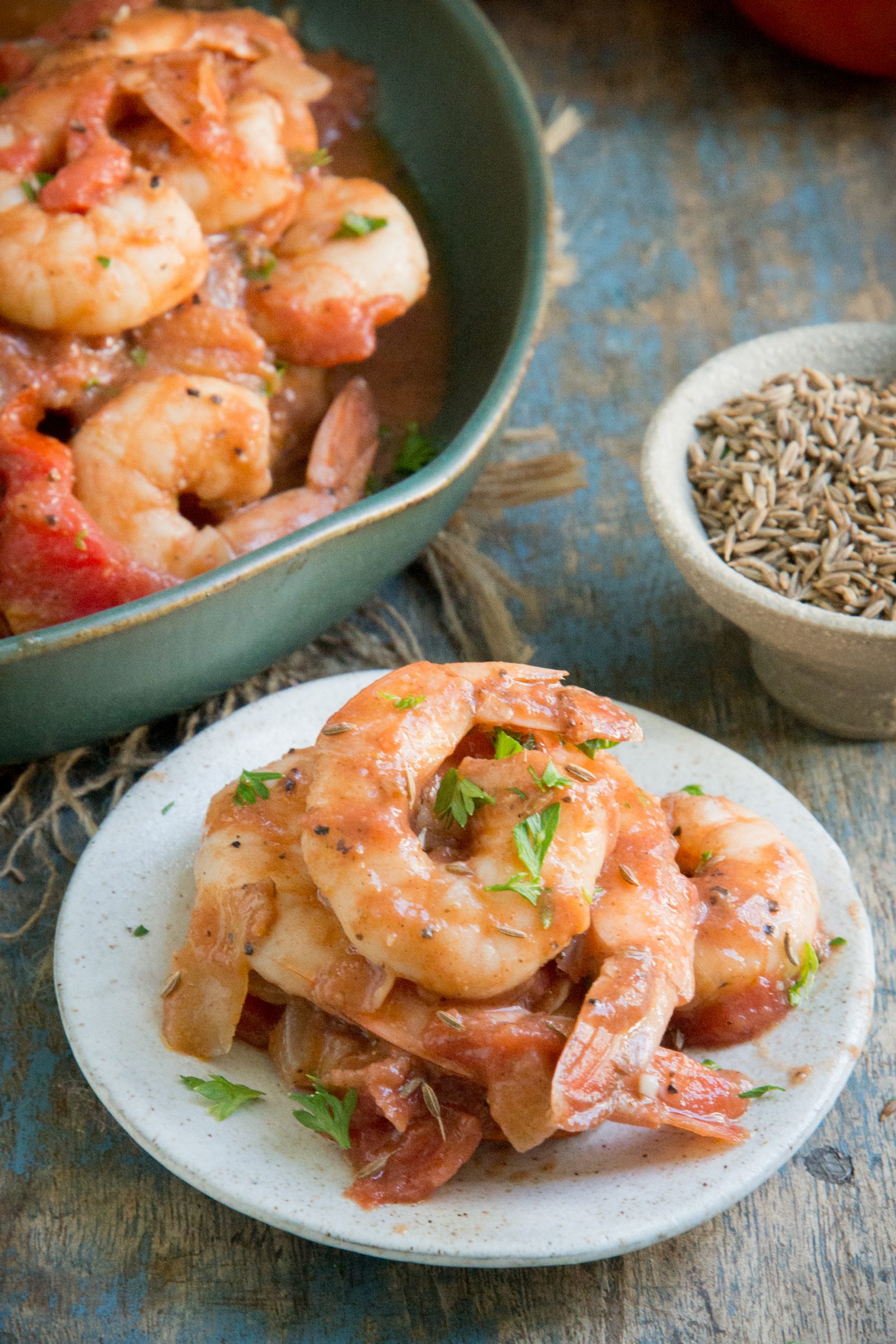 A serving of keto spicy shrimp with tomatoes.