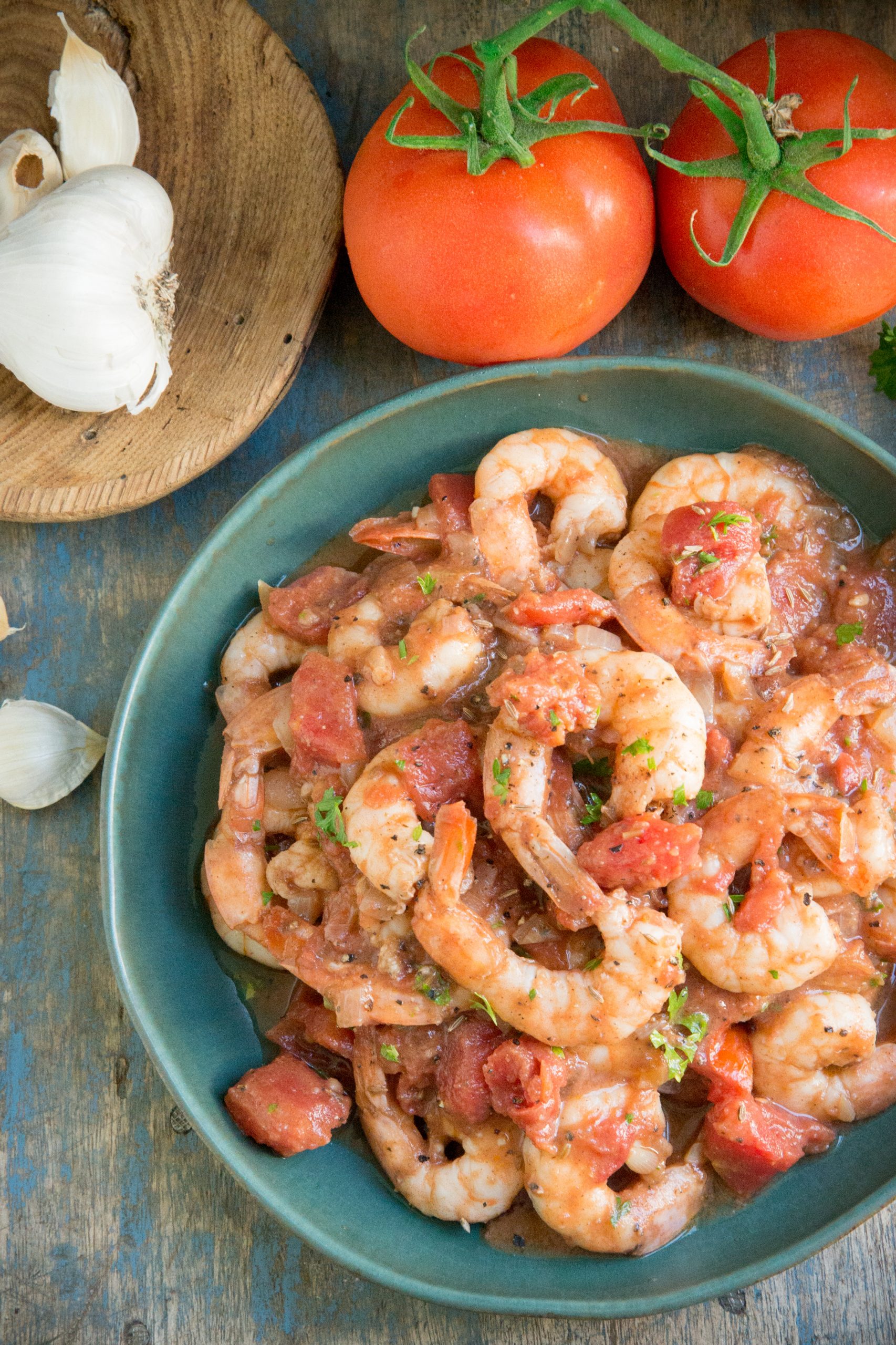 Spicy Shrimp and Tomatoes on a serving plate.