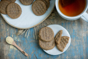 Low carb gingerbread cookies served with tea.